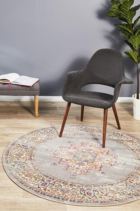 Zoltan Vintage Look  Grey  Round Rug