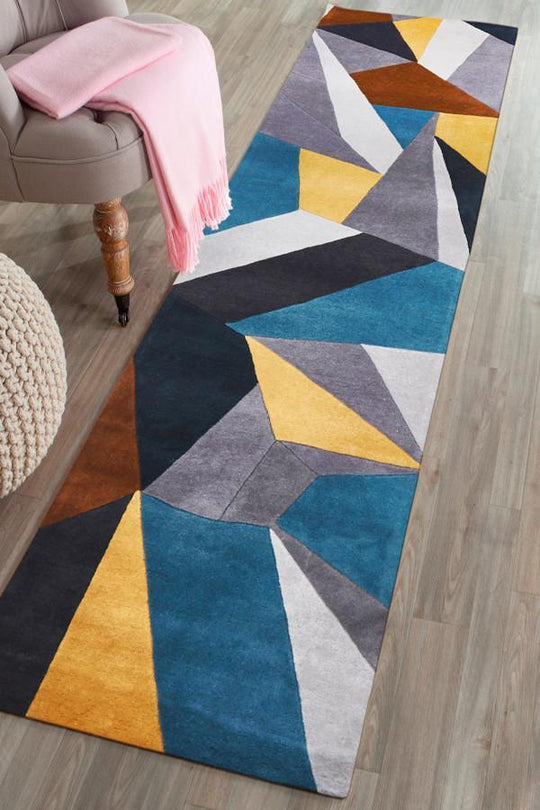 Laura Designer Wool Blue Yellow Grey  Runner Rug