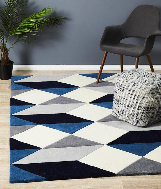 Digital Designer Wool Blue Grey White Rug
