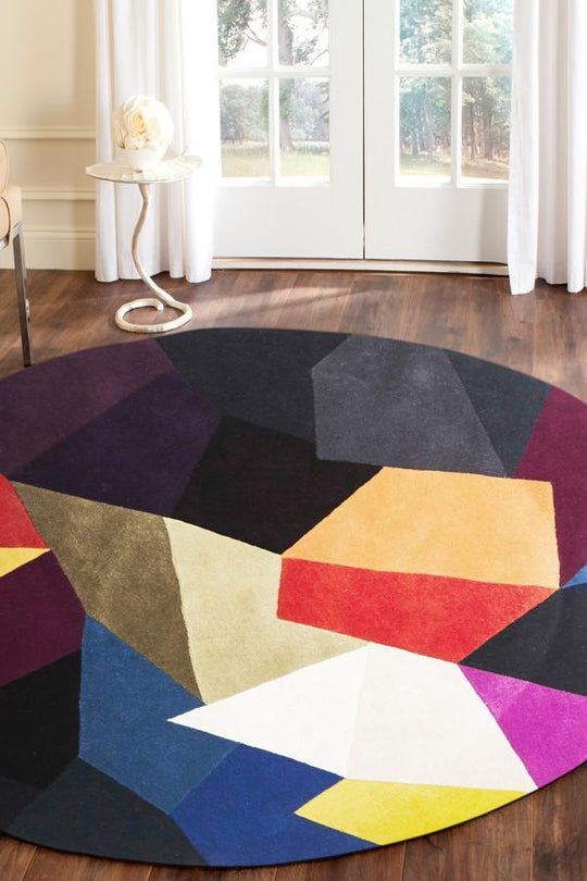 Eclectic Designer Wool Blue Rust Purple  Round Rug