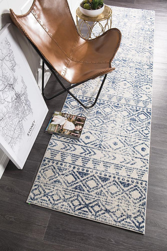 Aladdin Aliya White Blue Rustic Runner Rug