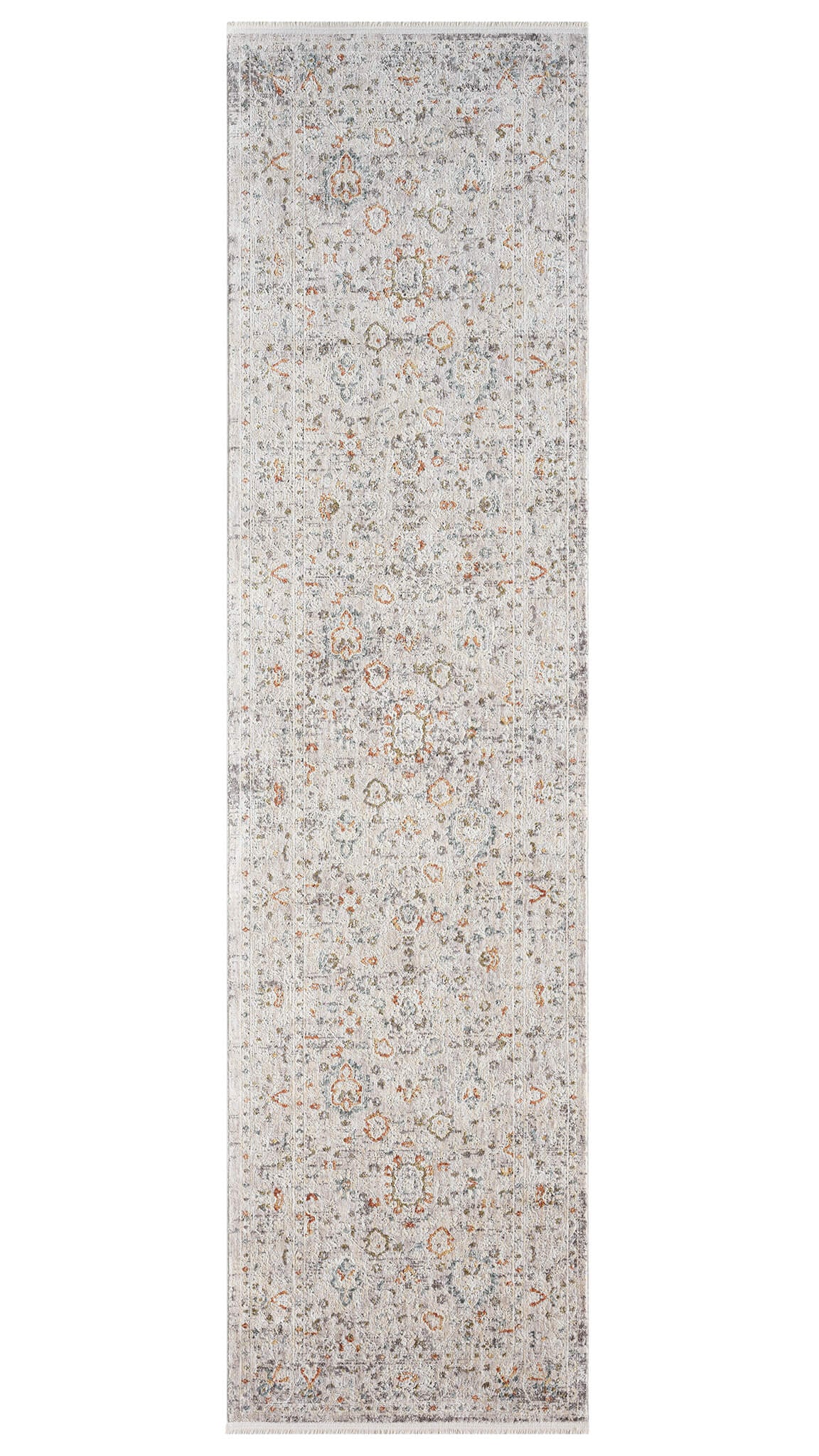 A runner rug with a soft cotton base featuring a subtle pattern in a cream color.
