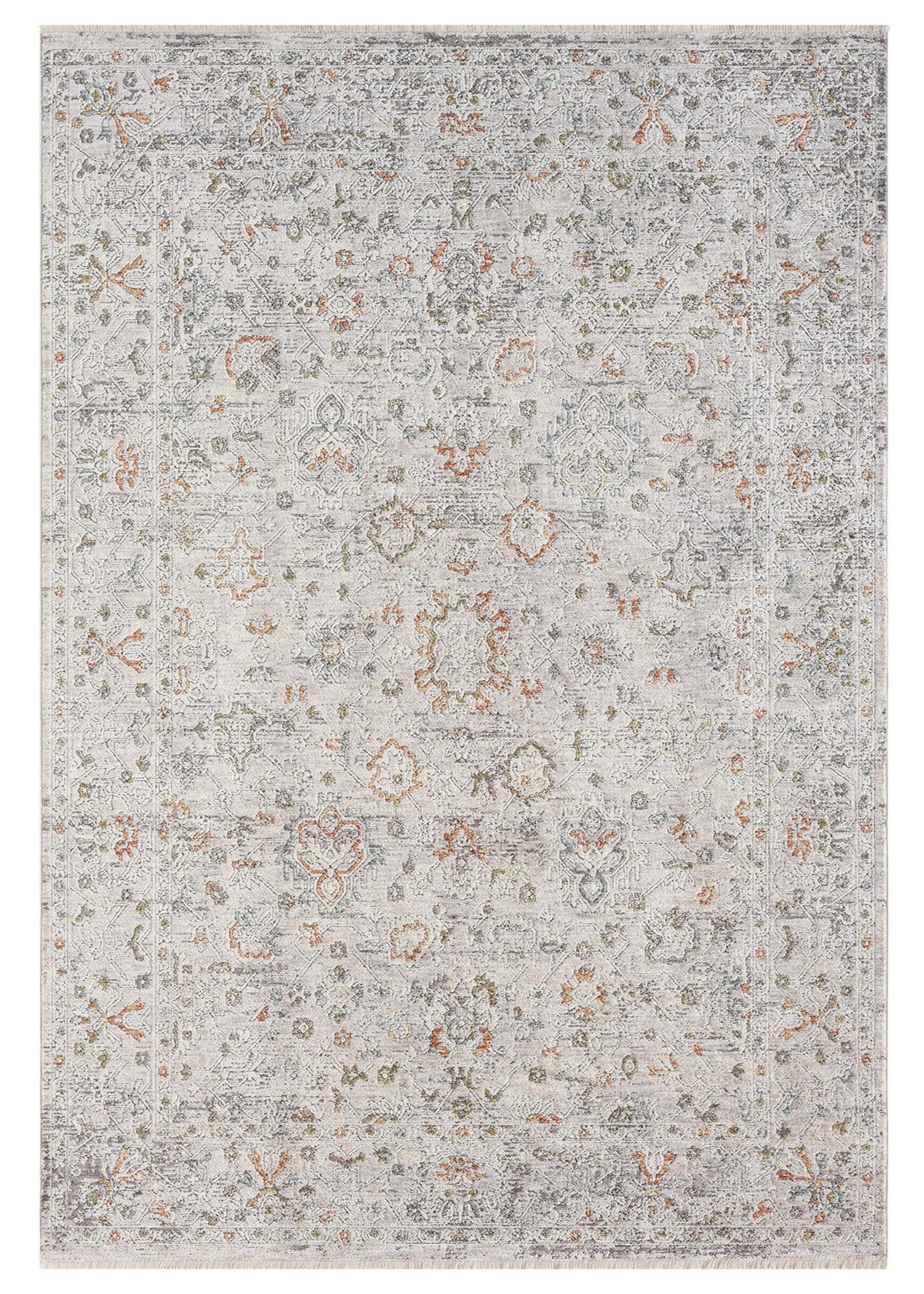 A rectangular, cream-colored area rug with a traditional floral pattern and subtle color accents.