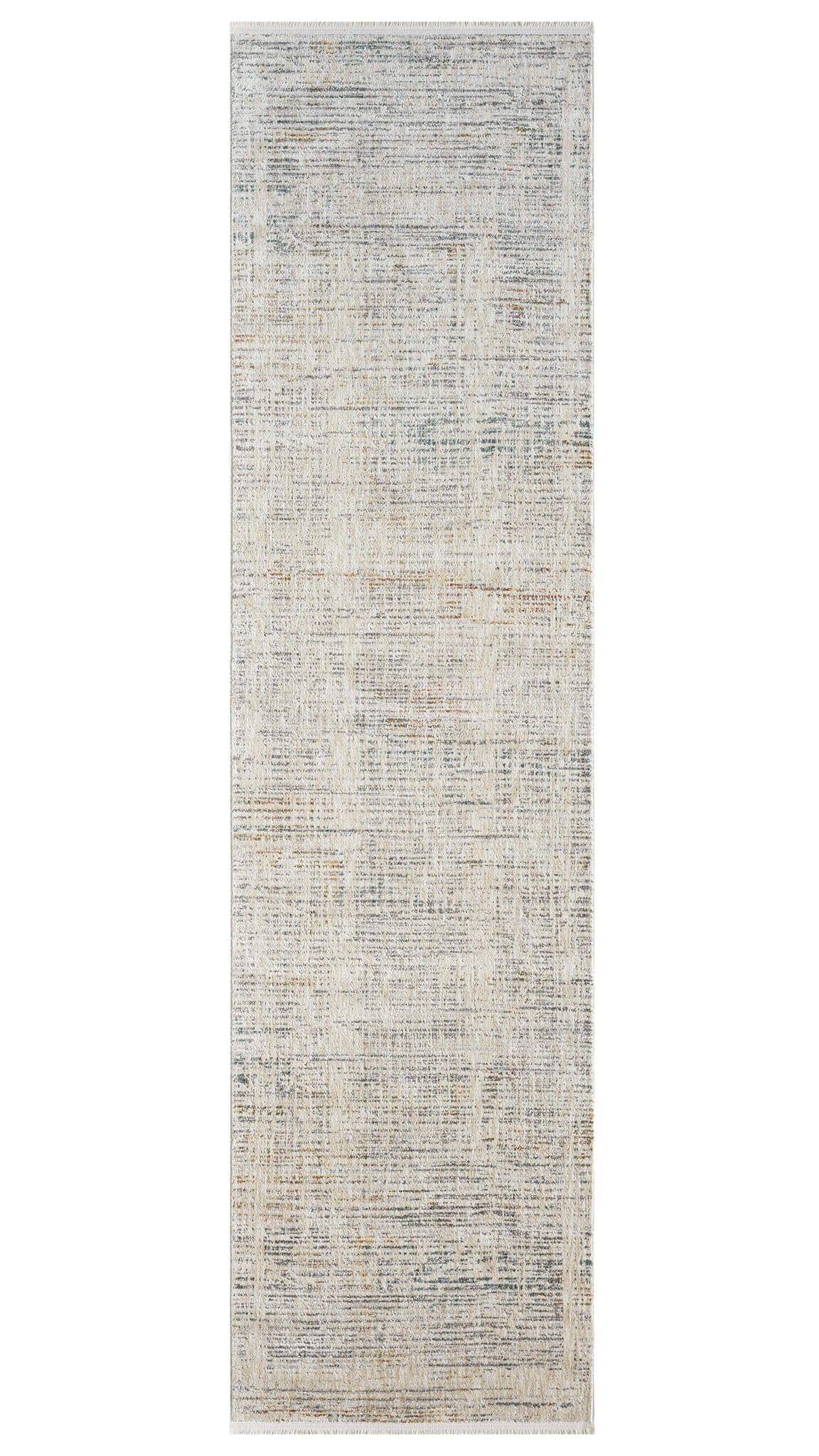 A cream-colored, modern runner rug with a subtle pattern, power-loomed construction, and a cotton base.