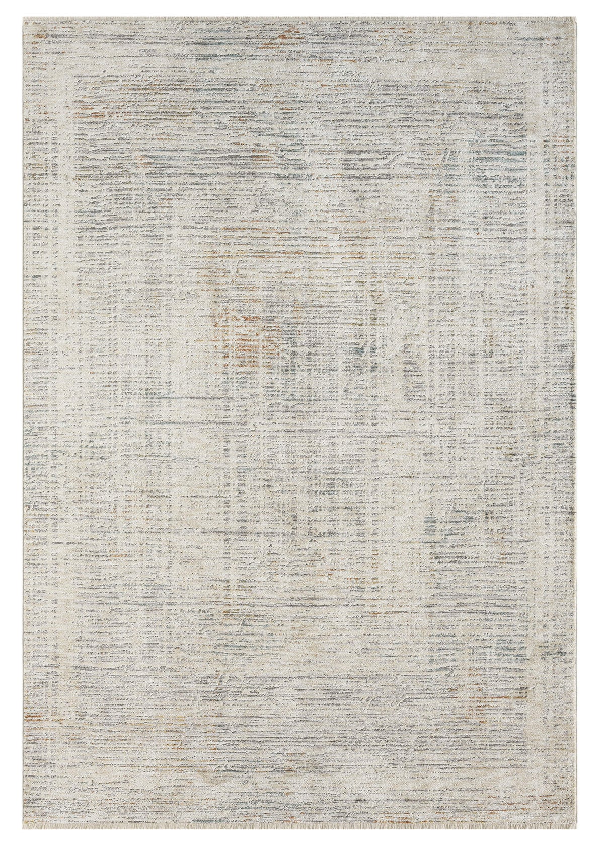 A rectangular, flatweave area rug with a subtle geometric pattern in a beige color, power-loomed texture, and a cotton base.
