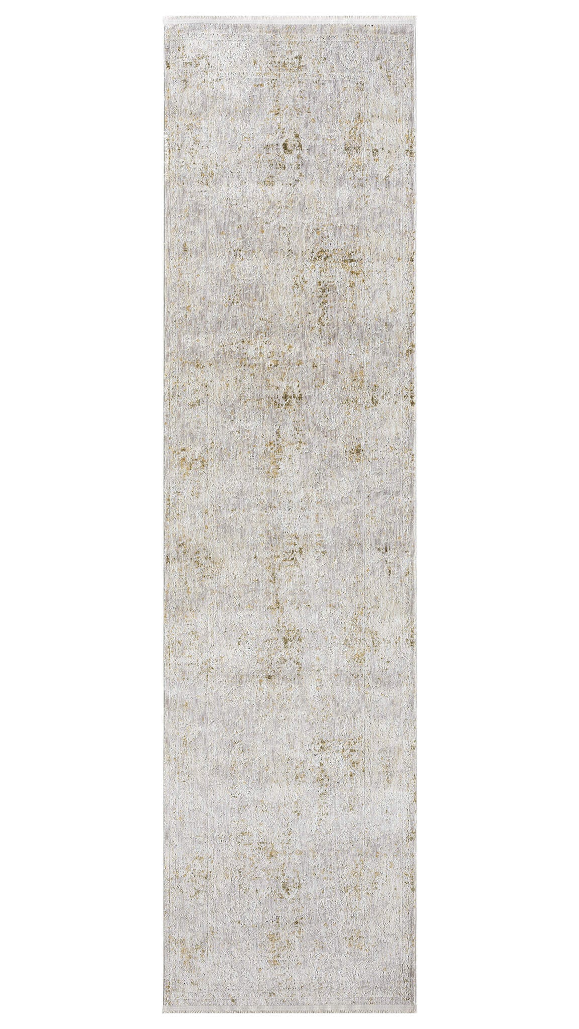 A cream-colored, machine-woven runner rug with a subtle pattern, featuring a soft polyester pile on a cotton base.