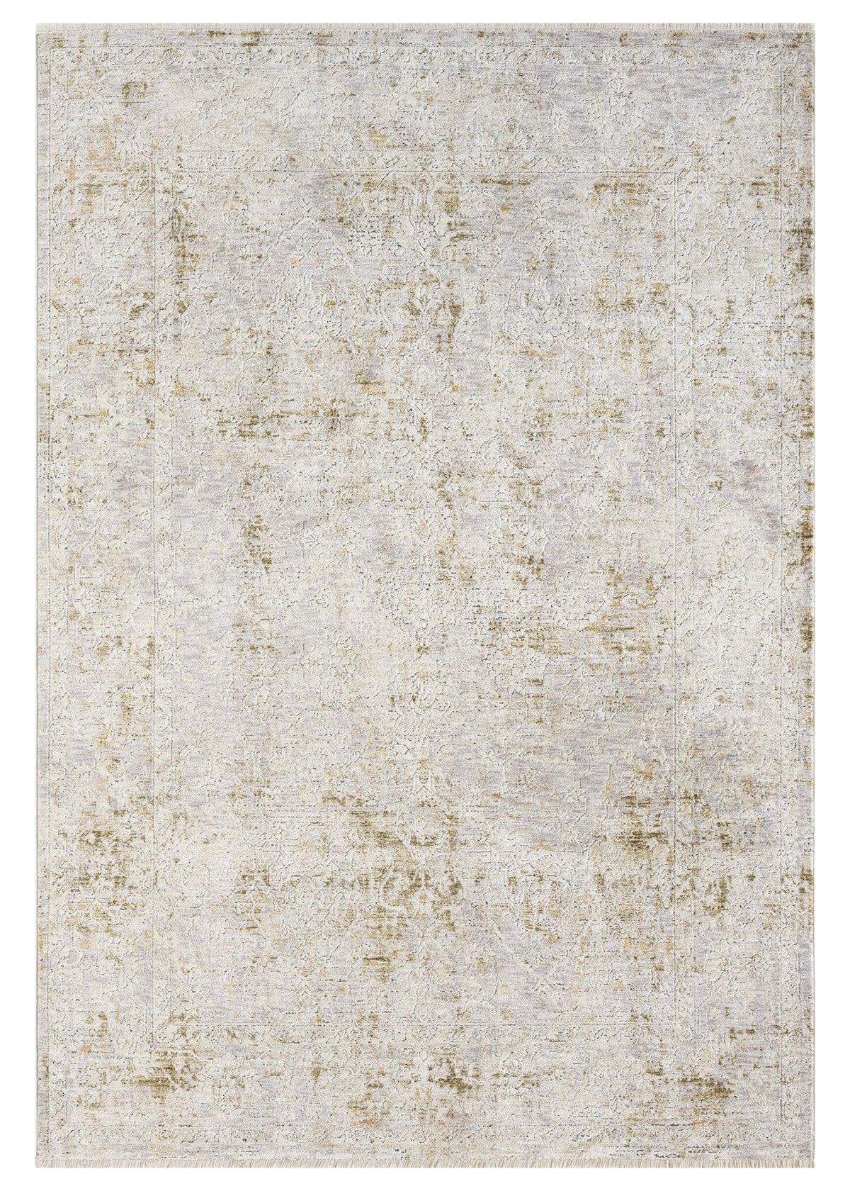 A rectangular, cream-colored area rug with a textured soft polyester pile on a cotton base, showing detailed and refined patterns.
