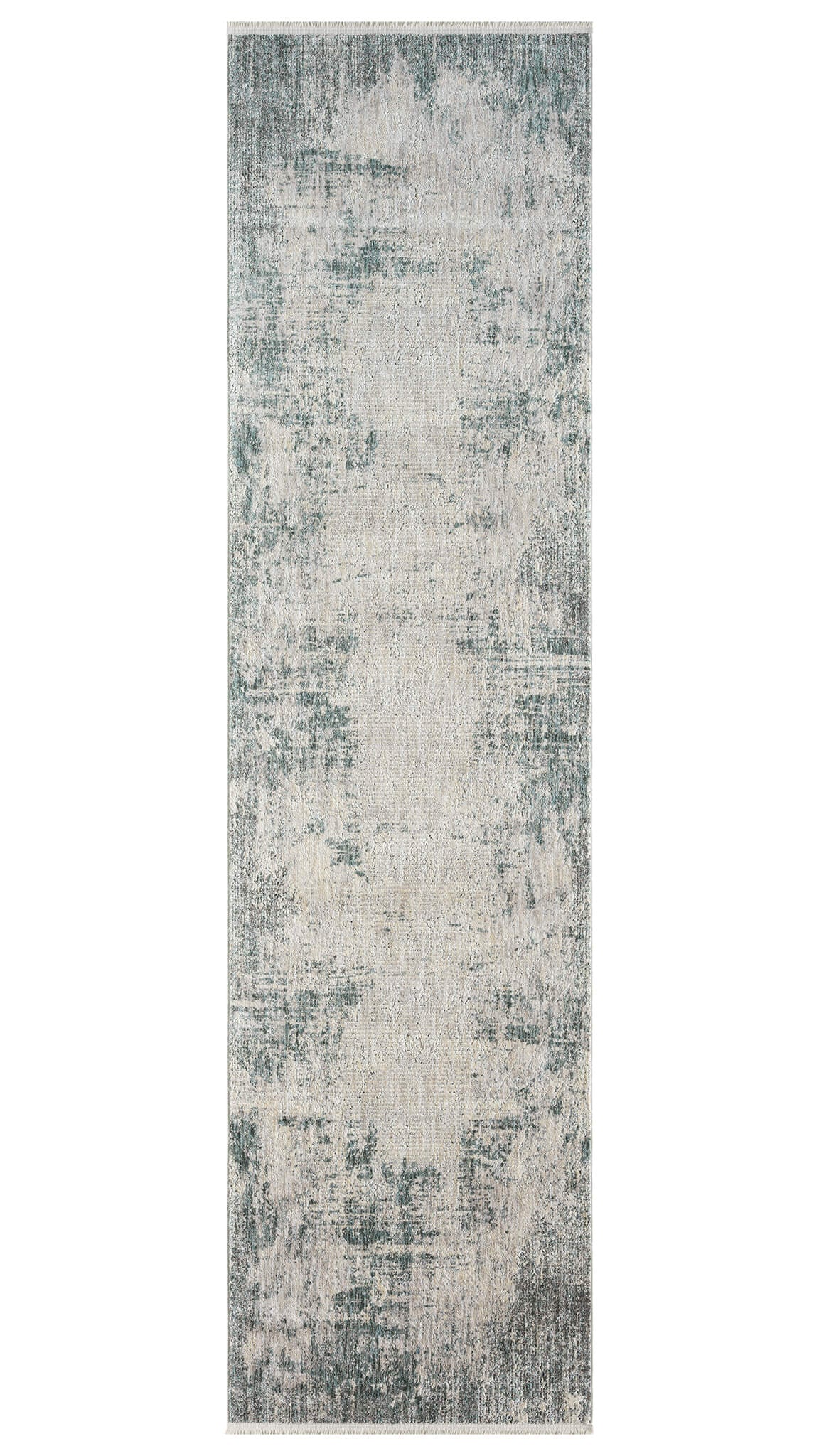 A runner rug with a soft cotton base and a steel blue color, featuring a modern, cross-woven texture with genuine short fringes.