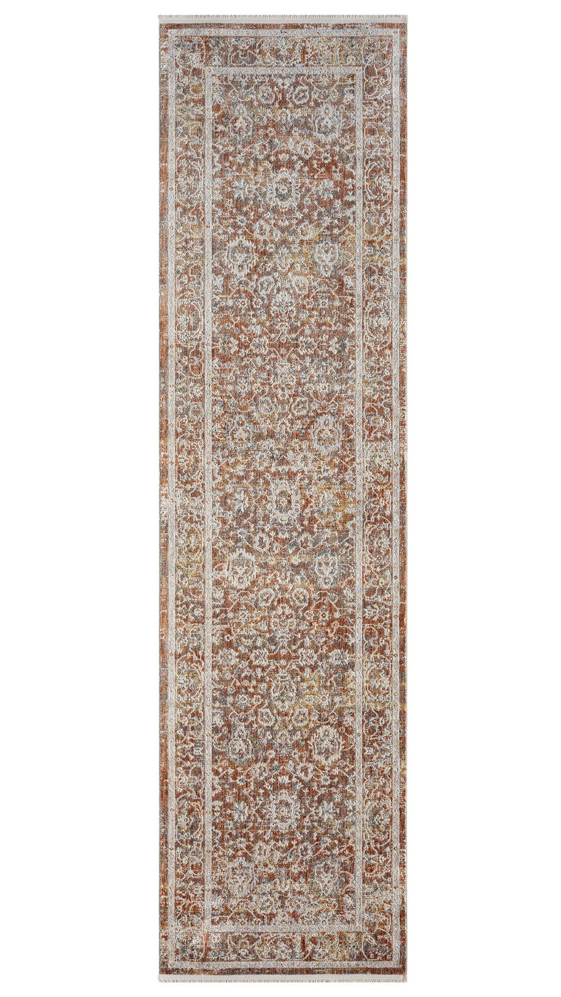 A traditional style runner rug with a multicolor floral pattern on a soft cotton base, featuring a finely textured soft polyester pile.