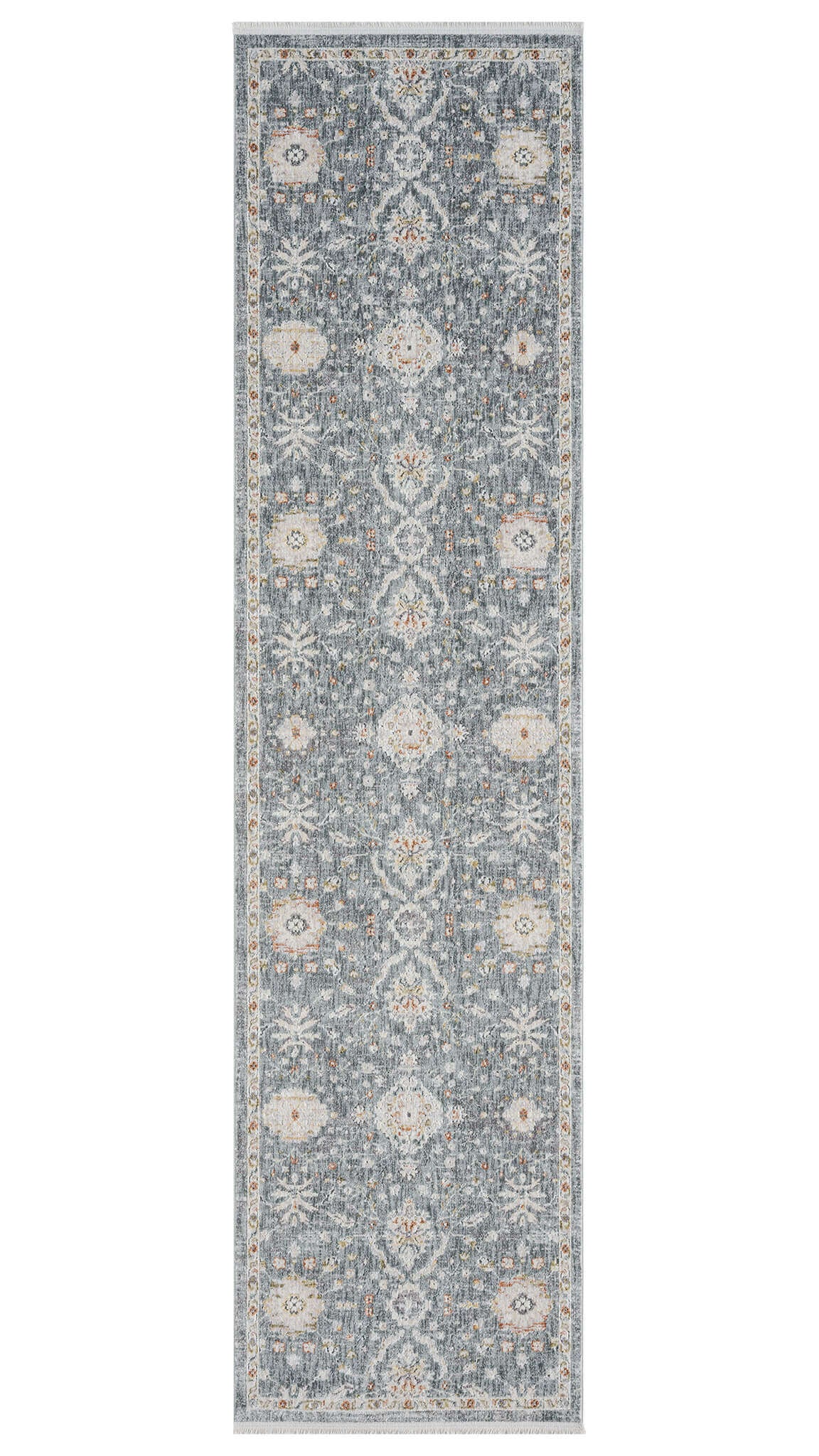 A blue runner rug with a traditional floral pattern and a cotton base.