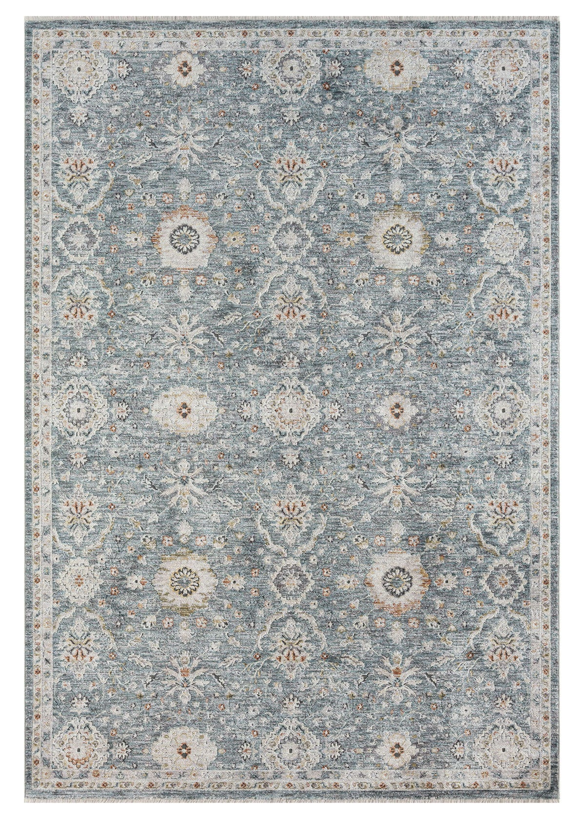 A rectangular blue denim rug with detailed and refined patterns, power-loomed with a soft polyester pile on a cotton base.