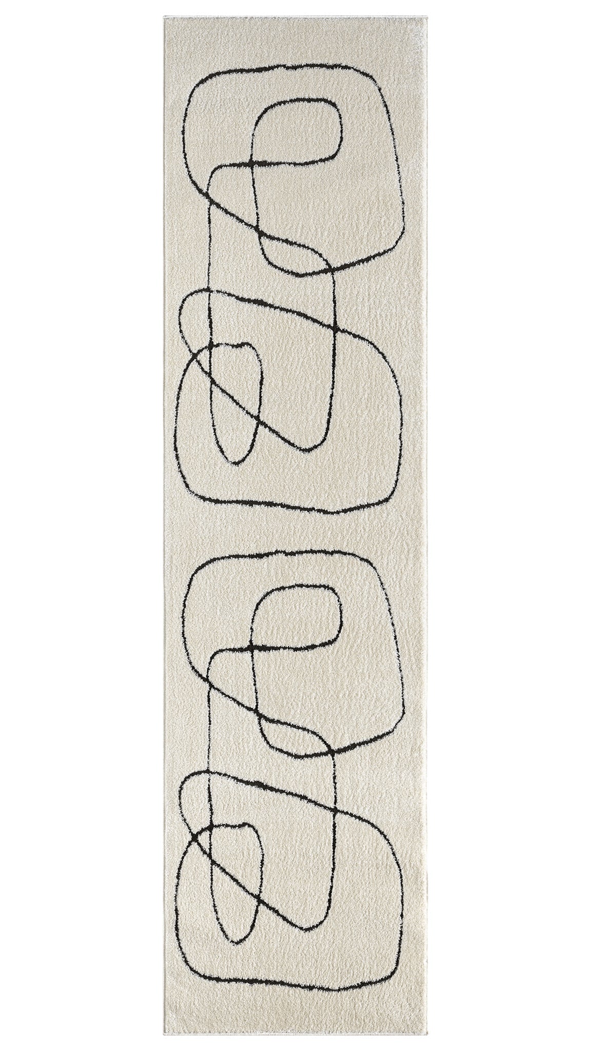 Long rectangular rug with abstract black patterns on a beige background
