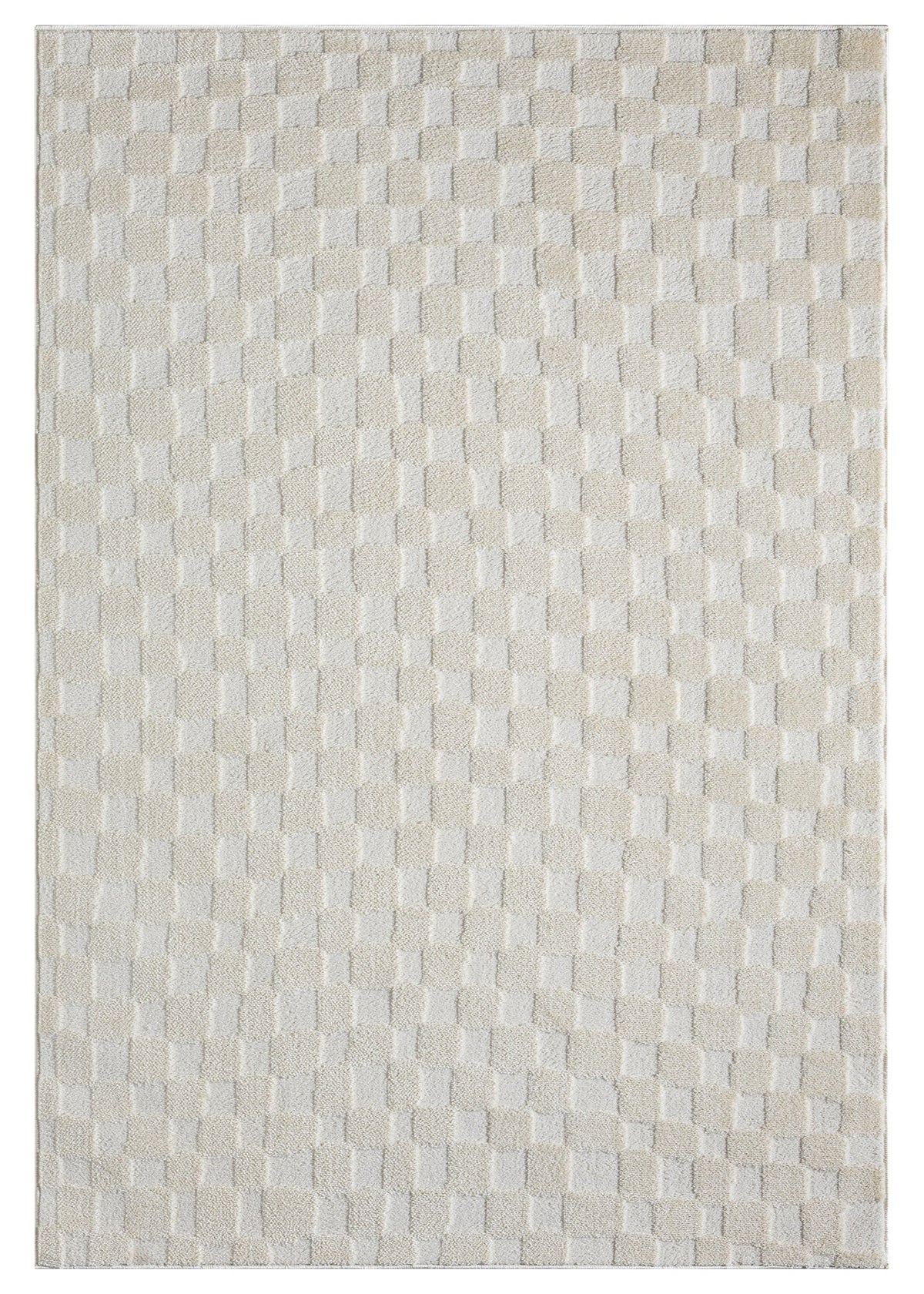 Beige woven patterned rug on a white background