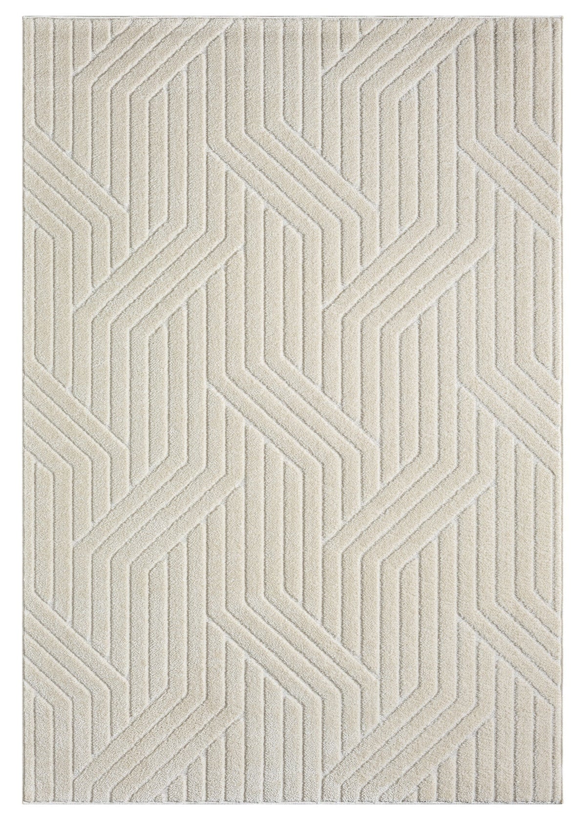 Beige area rug with geometric pattern on a white background
