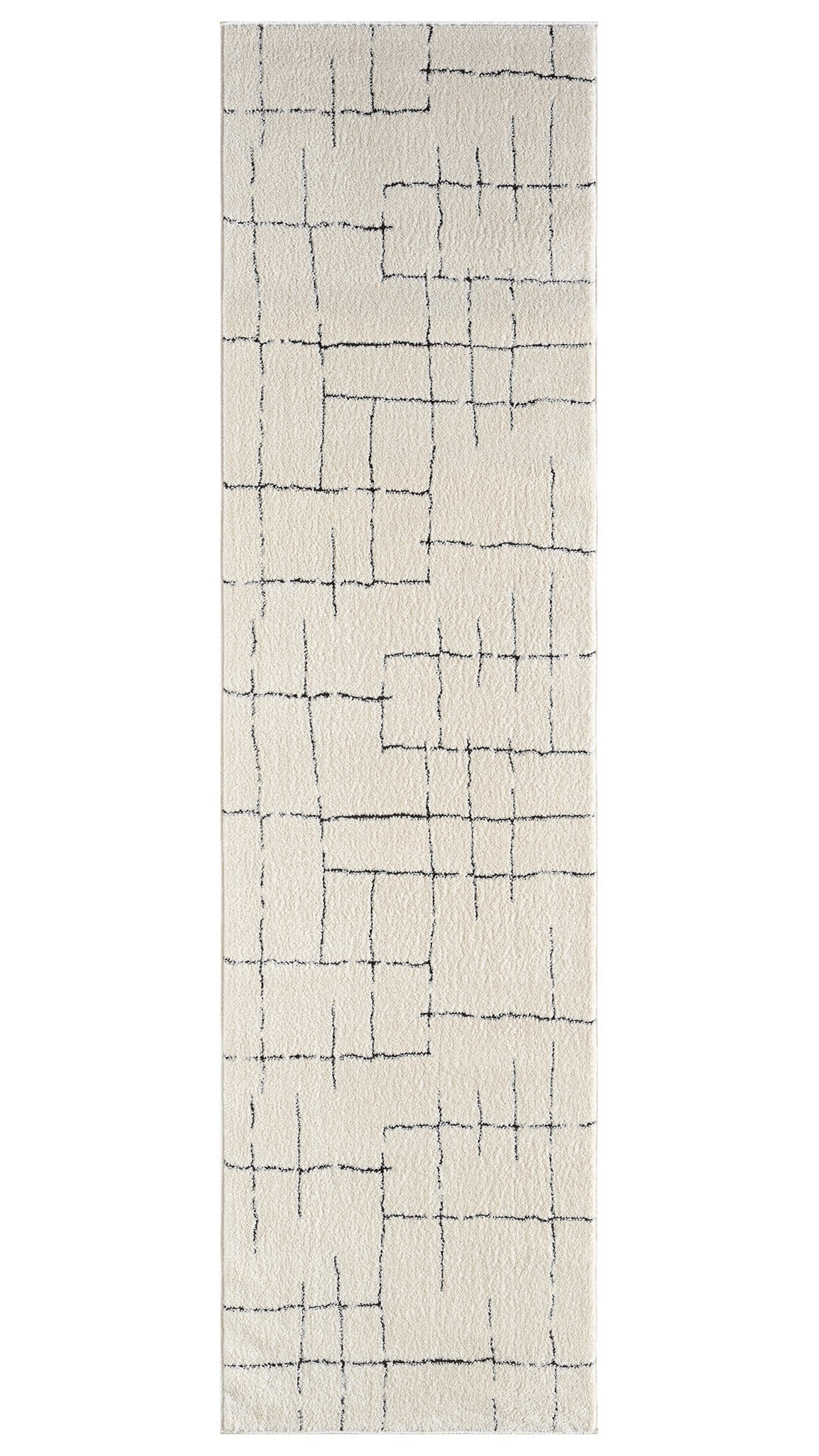 Rectangular area rug with a geometric pattern on a white background