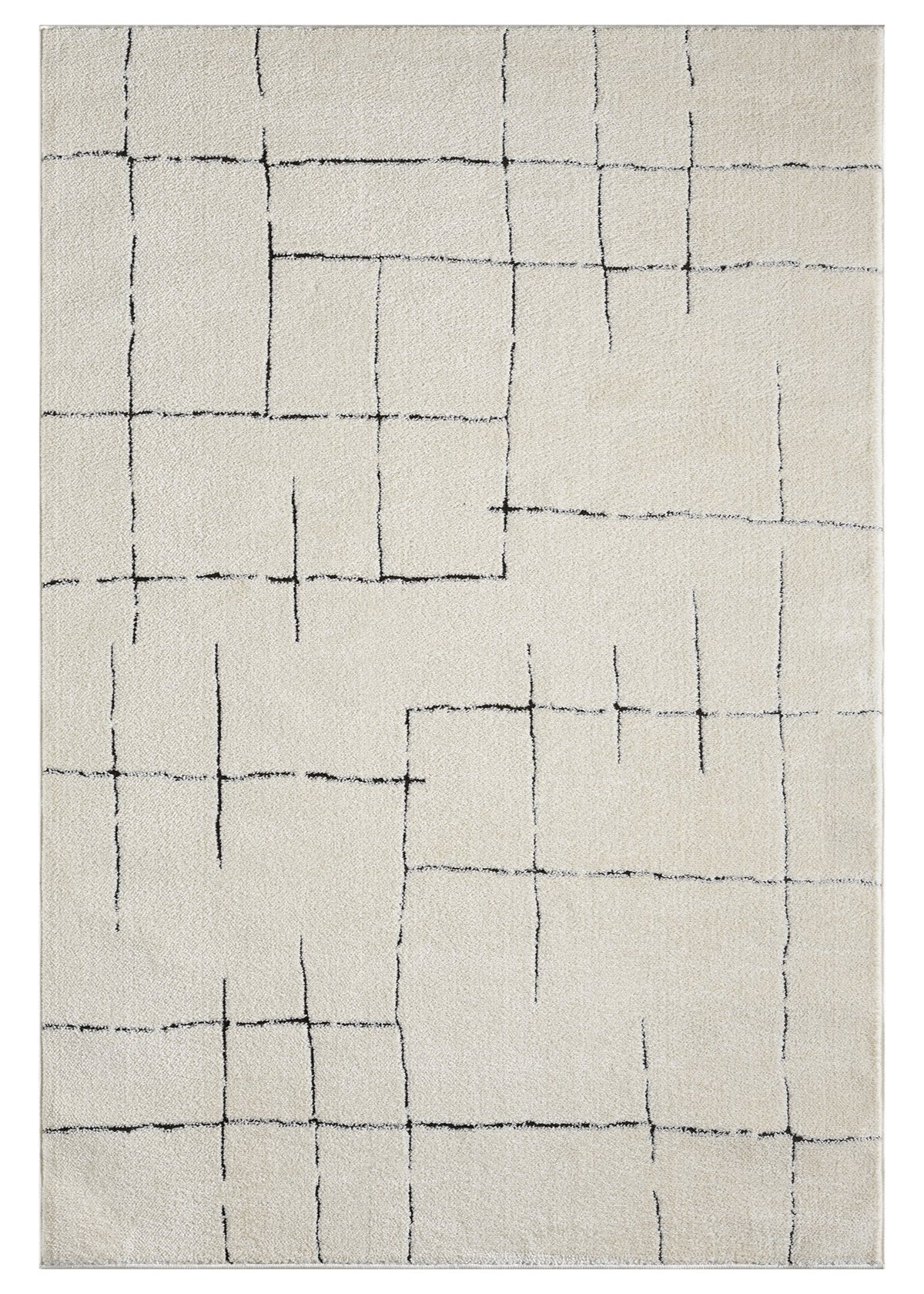 Beige rug with black geometric pattern on a white background
