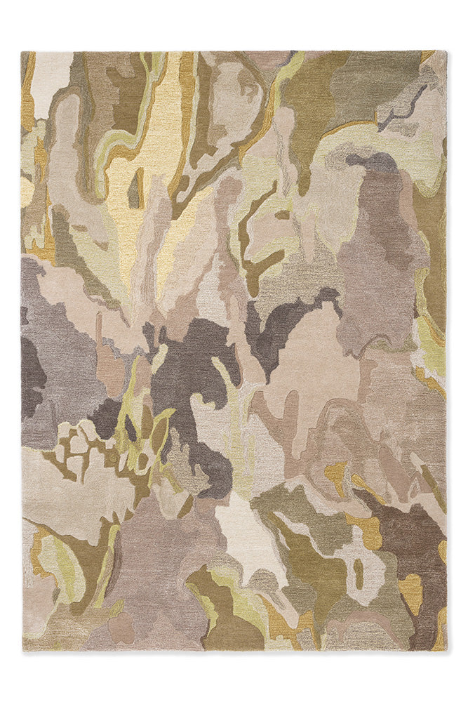 A handtufted rug with a abstract natural pattern in shades of green, beige, and brown.