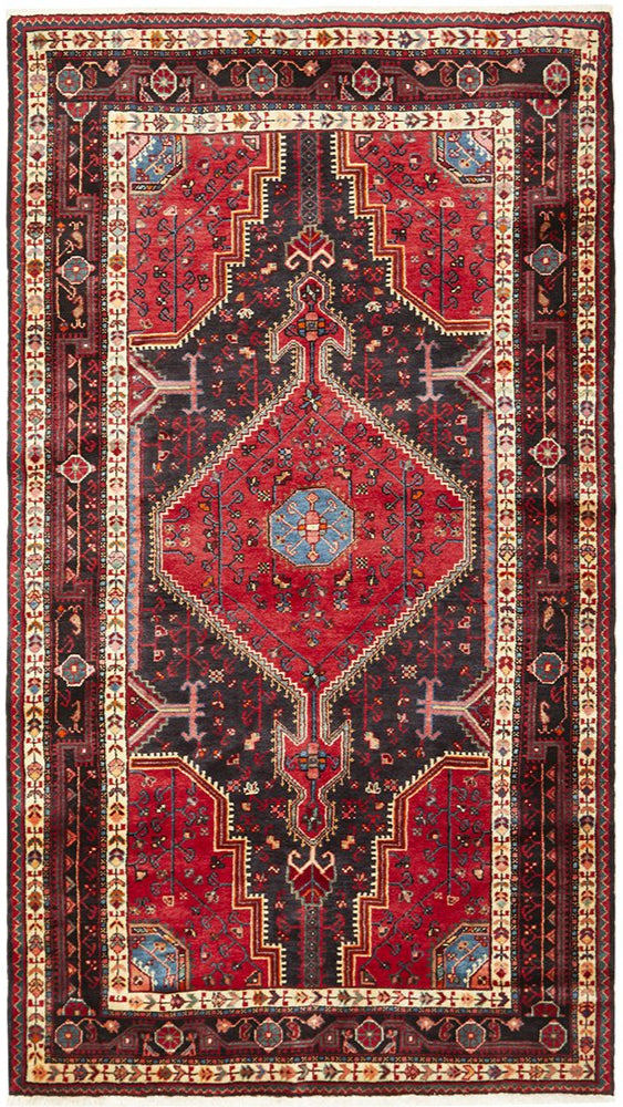A traditional Tuyserkan wool rug with geometric and floral patterns, predominantly red and blue colors, hand knotted on a beige background.