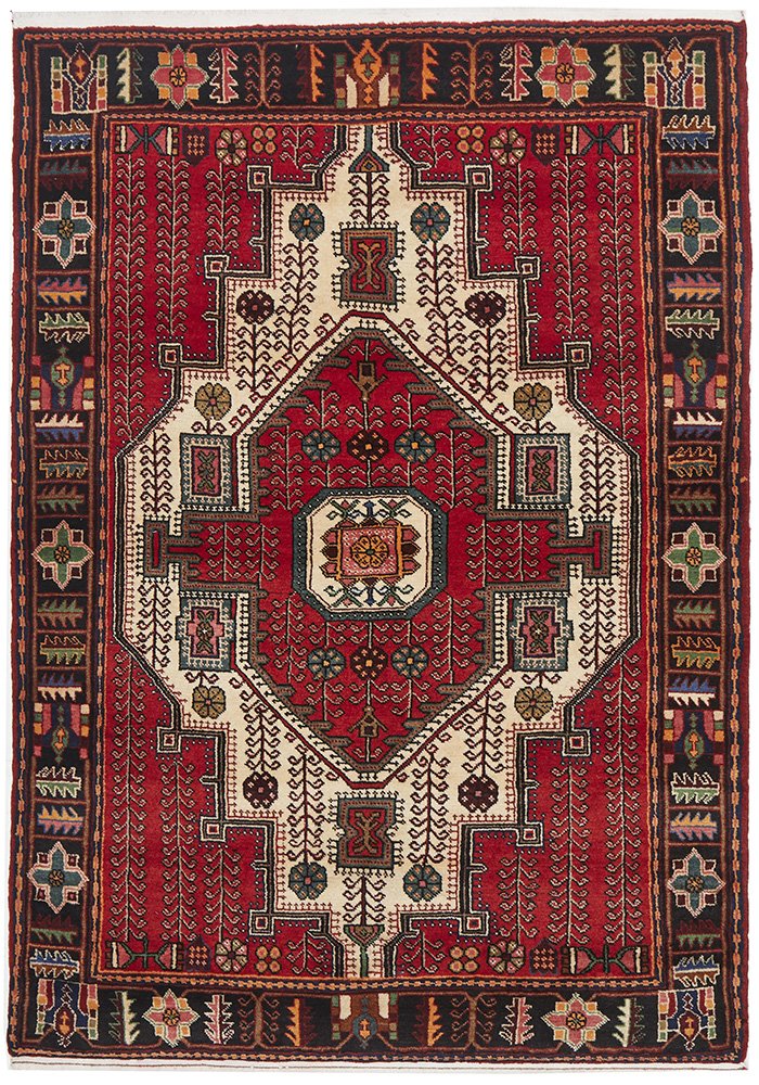 A traditional hand-knotted multicolored wool Nahavand rug with a geometric pattern, predominantly red and beige, with intricate designs.