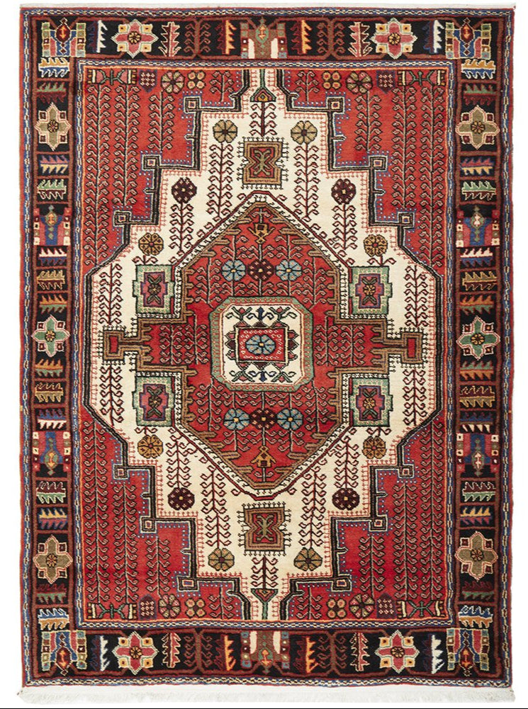 A traditional hand-knotted pure wool Nahavand rug featuring a geometric pattern with red, beige, and multicolor elements.