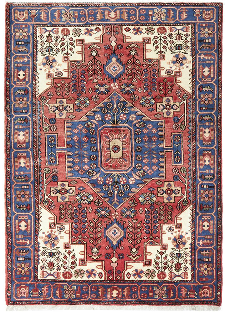 A traditional hand-knotted pure wool Nahavand rug featuring a geometric pattern with red, blue, and beige colors.