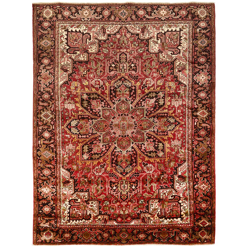 A large, hand knotted Persian rug with a geometric medallion design and ivory highlights, predominantly red and multicolored.