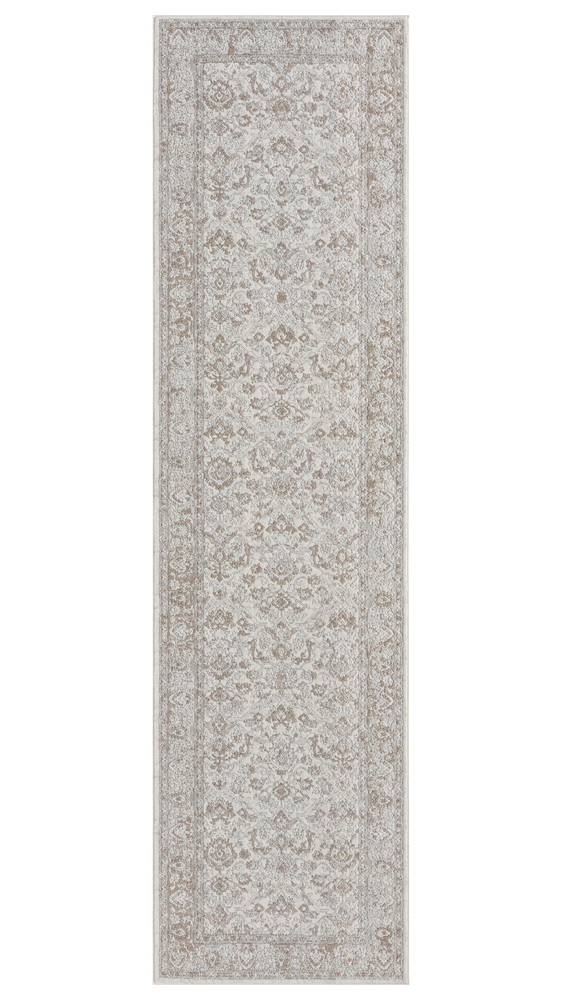 Long rectangular rug with a subtle pattern on a white background