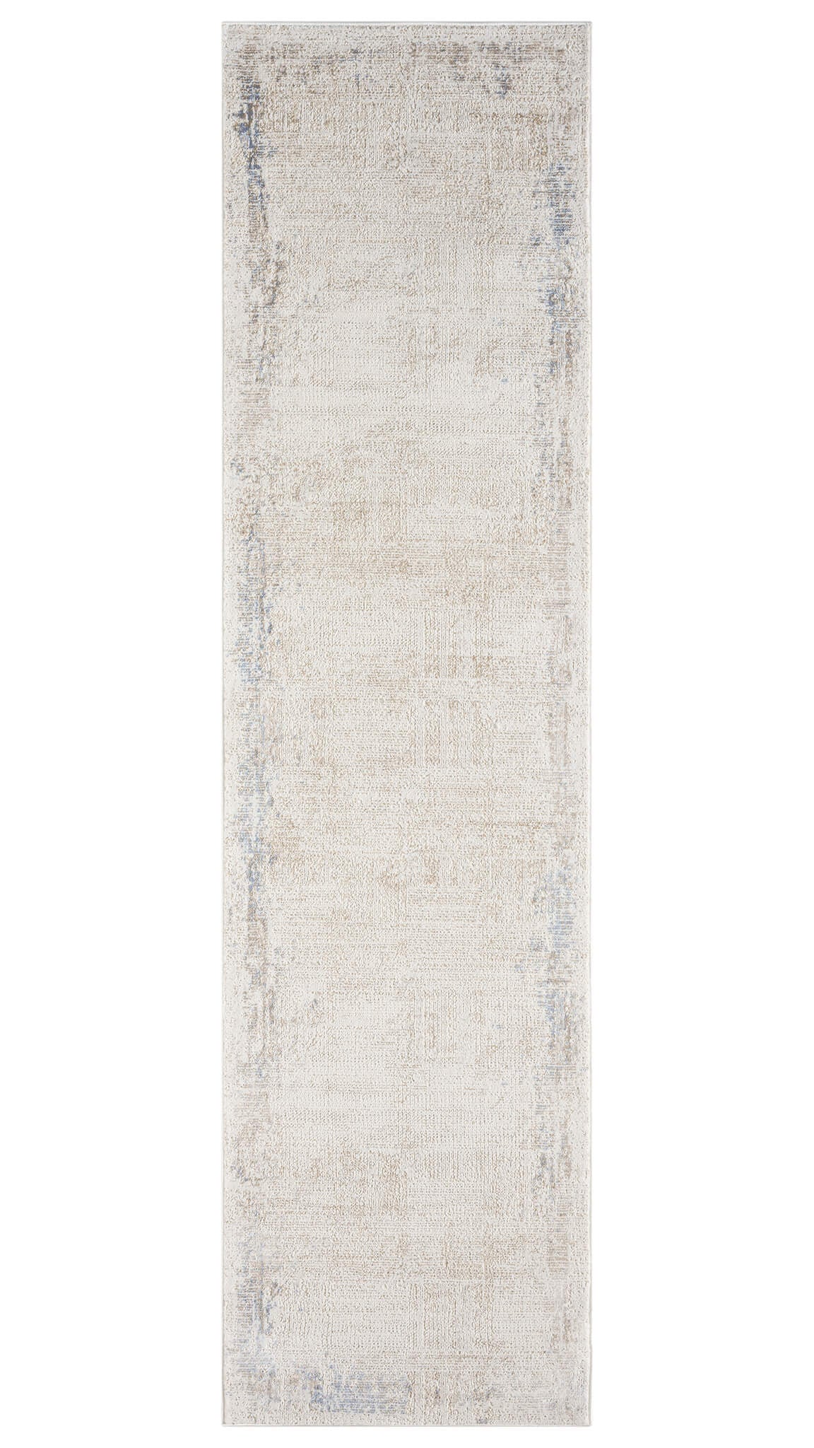 A cream-colored, modern style runner rug with a subtle pattern, power-loomed pile, and quality all-side binding.