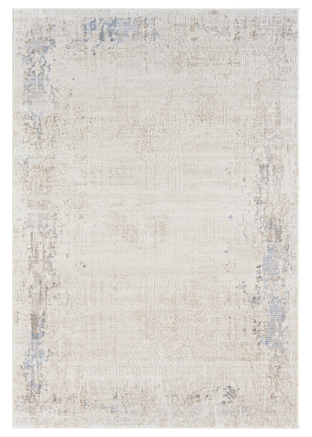 A rectangular, flatweave area rug with a soft cotton base and a cream color, featuring subtle floral patterns and a textured finish.