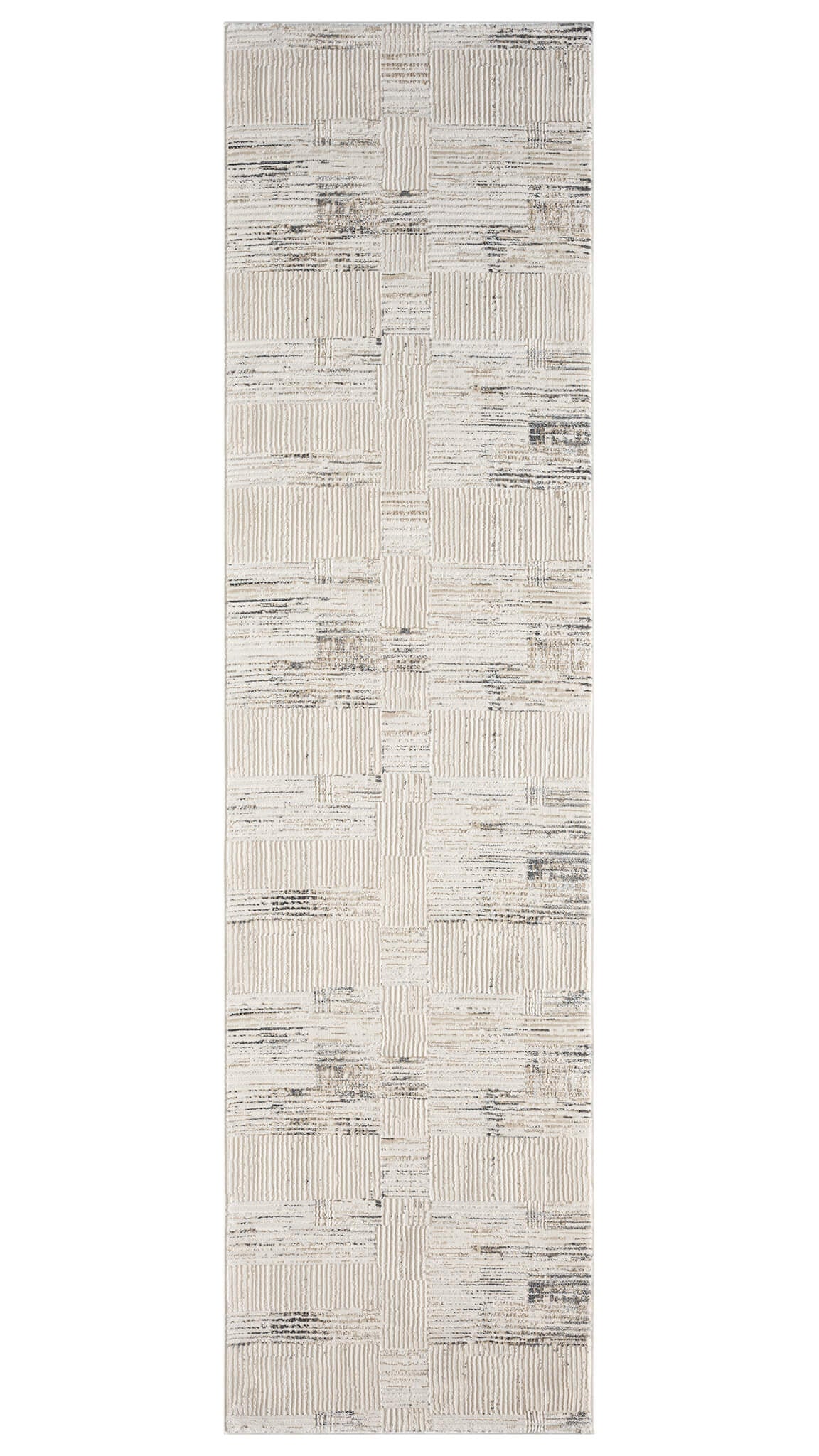 A cream-colored, modern design runner rug with a subtle pattern, power-loomed texture, and a soft cotton base.