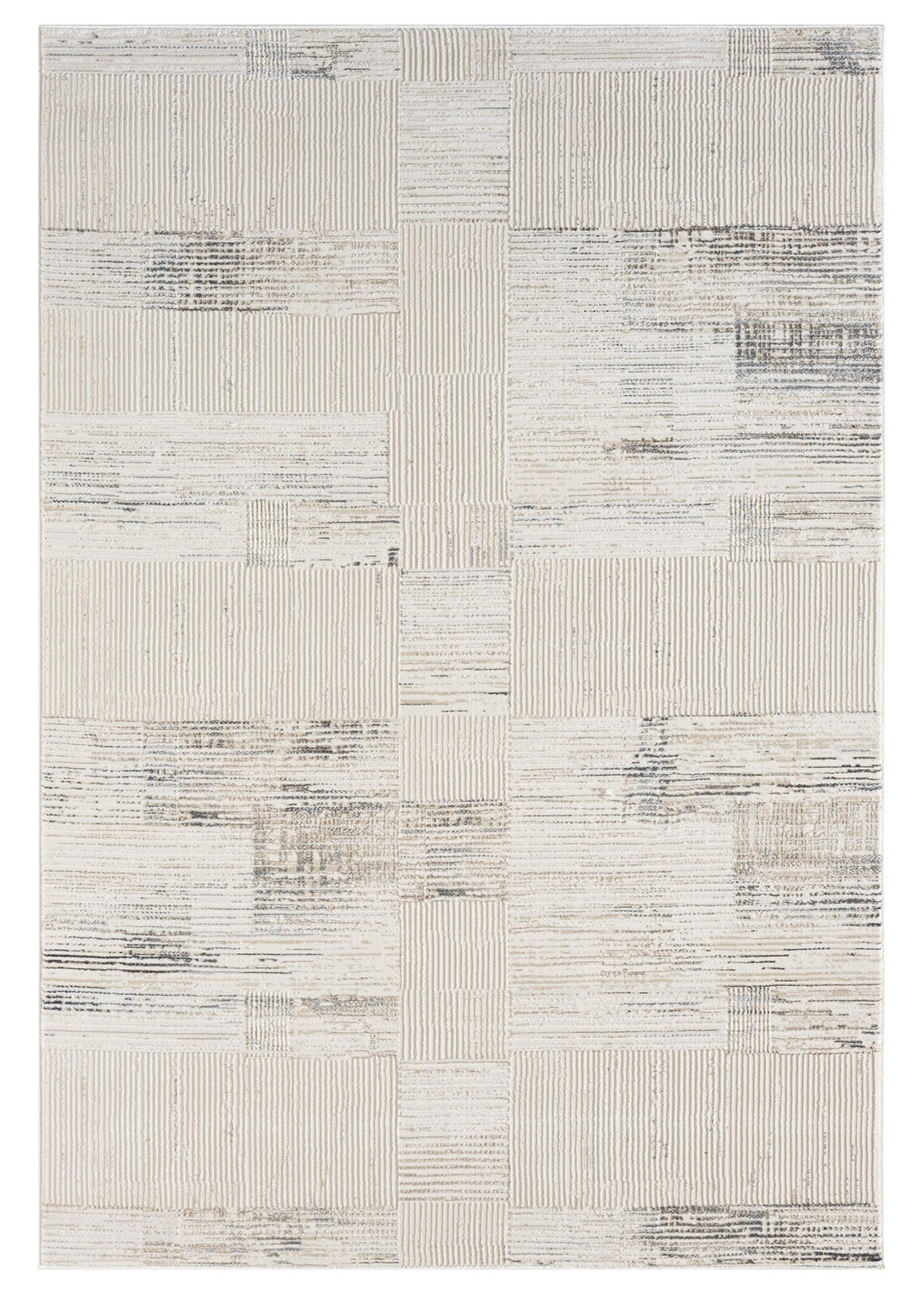 A rectangular, flatweave area rug with a geometric pattern in beige, gray, and white colors, power-loomed texture, and finished edges.