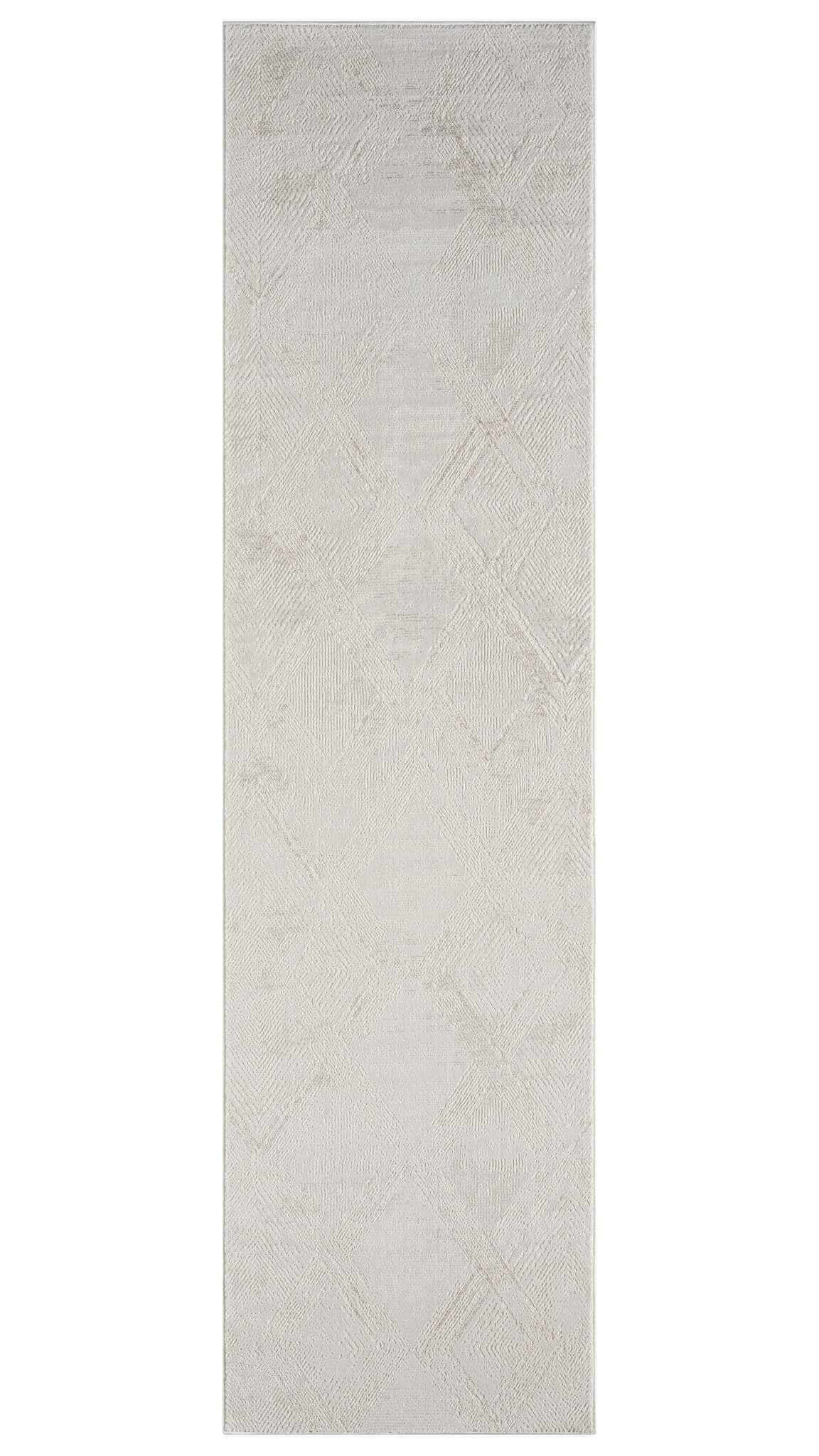 A cream-colored, modern runner rug with a subtle pattern, power-loomed pile, and a soft cotton base.