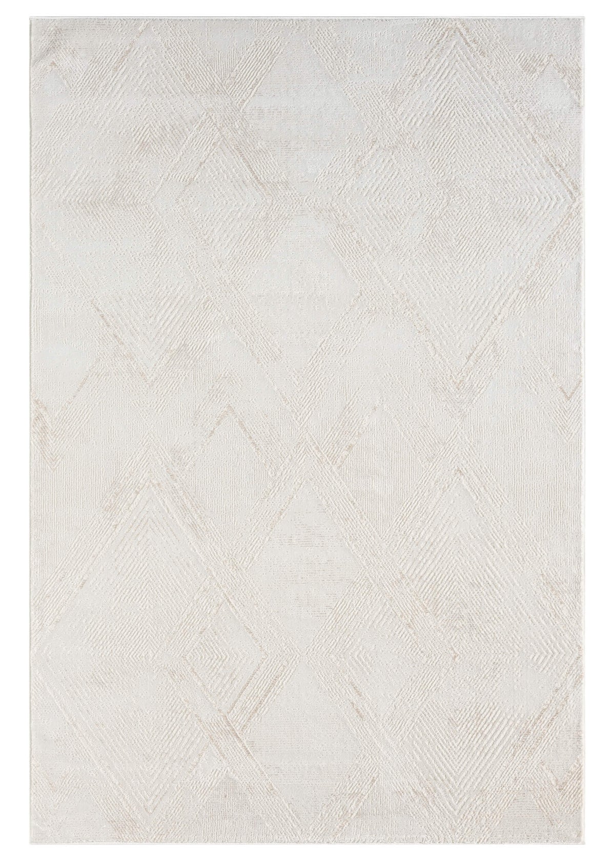 A cream-colored, rectangular, modern-style area rug with a textured design, power-loomed, and made from polyester and polypropylene on a cotton base.