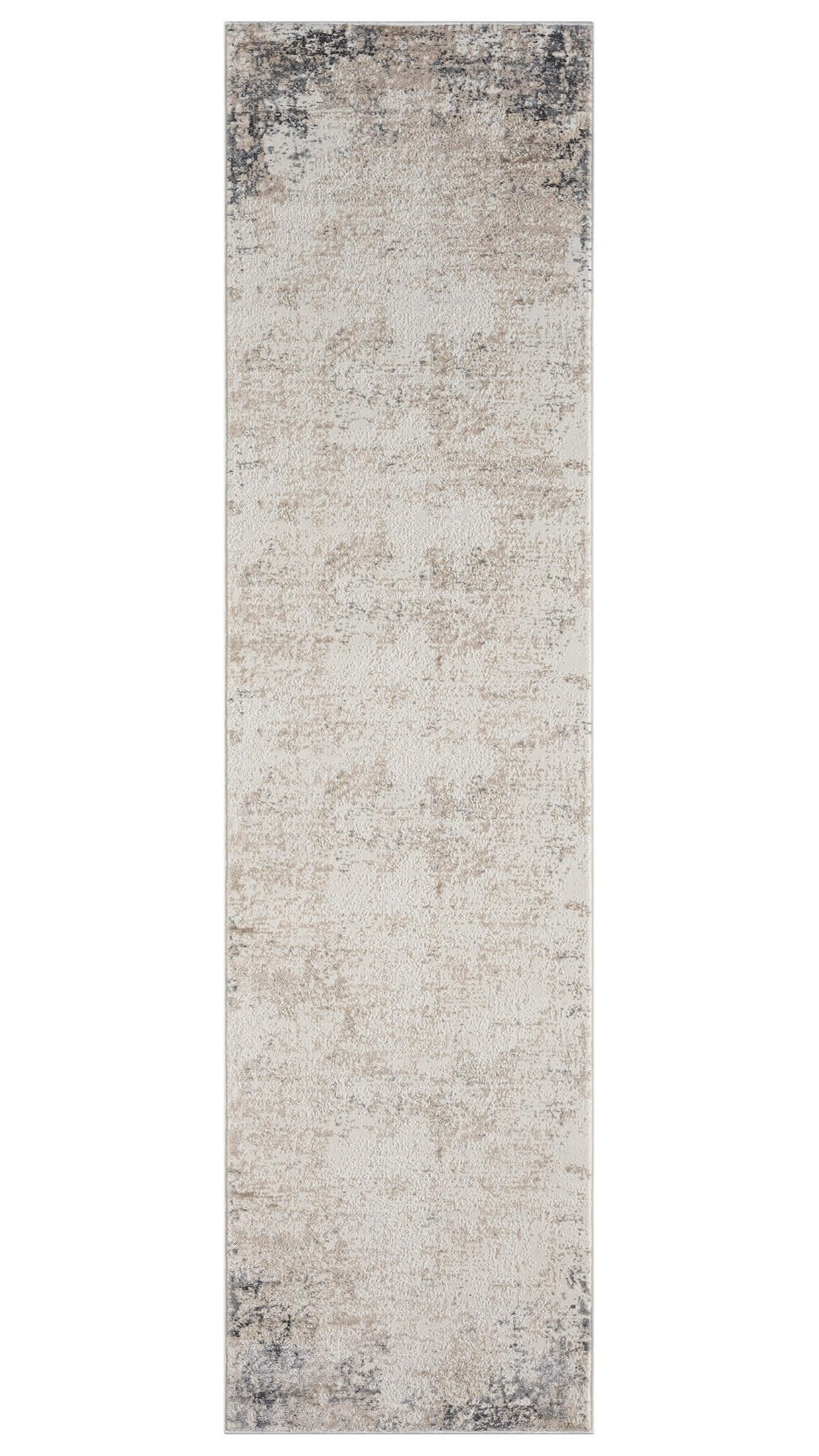 A cream-colored, modern design runner rug with a textured appearance, power-loomed, and featuring a soft cotton base.