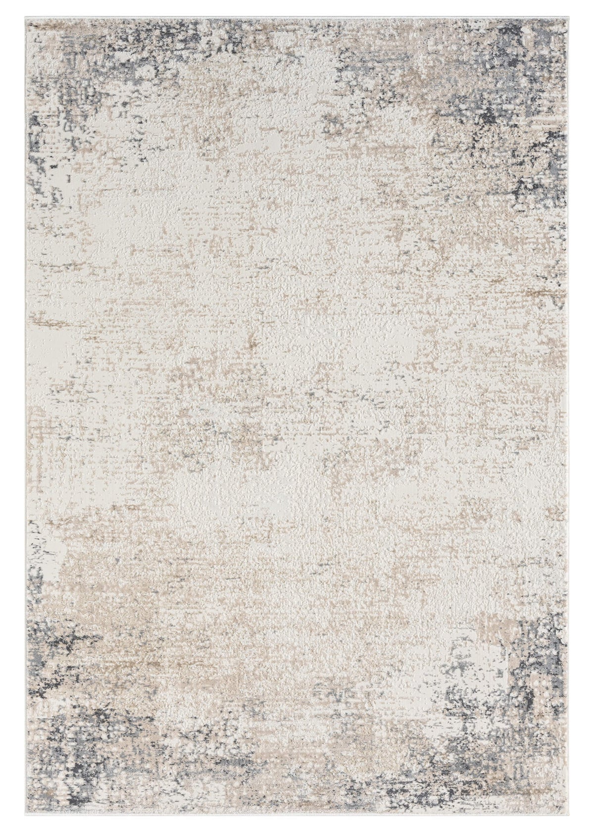 A rectangular, power-loomed area rug with a soft cotton base and stone color palette, featuring a subtle floral pattern and distressed details.