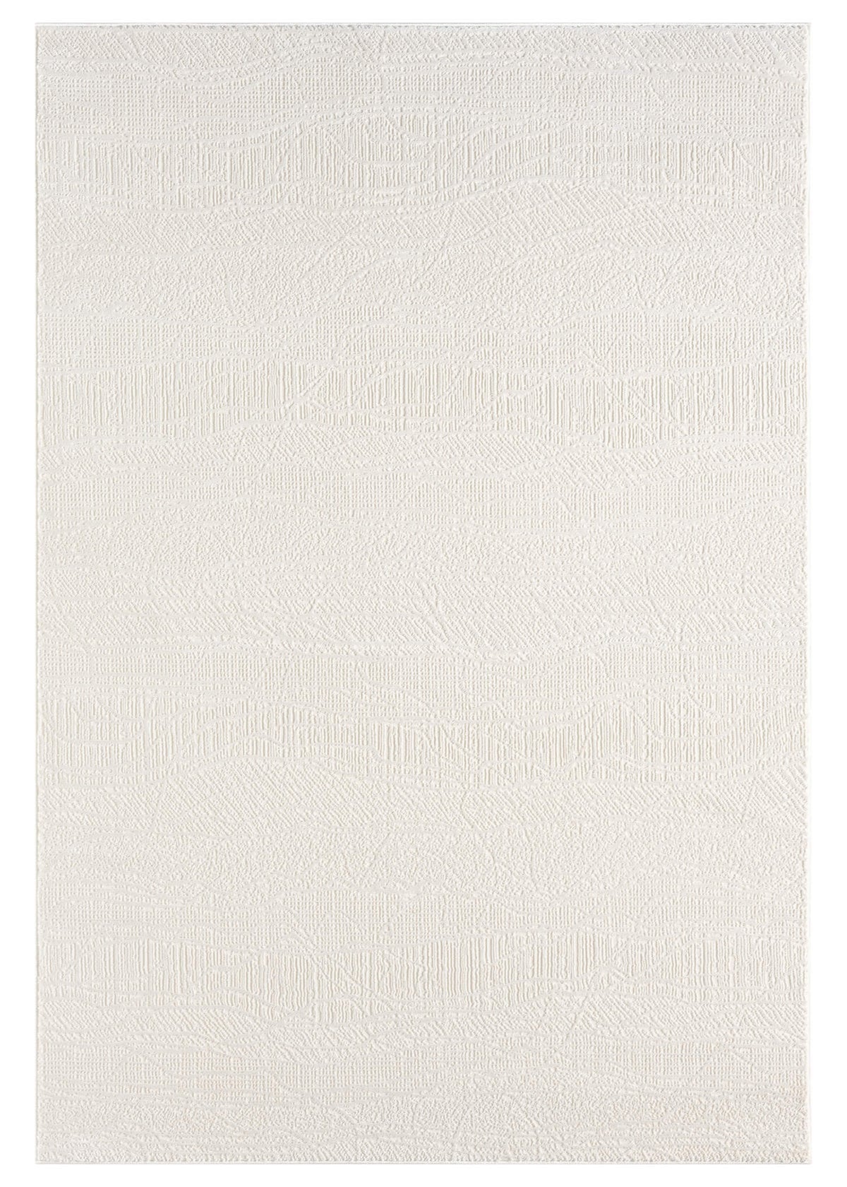 A cream-colored, rectangular, modern area rug with a textured pile, power-loomed construction, and a soft cotton base.