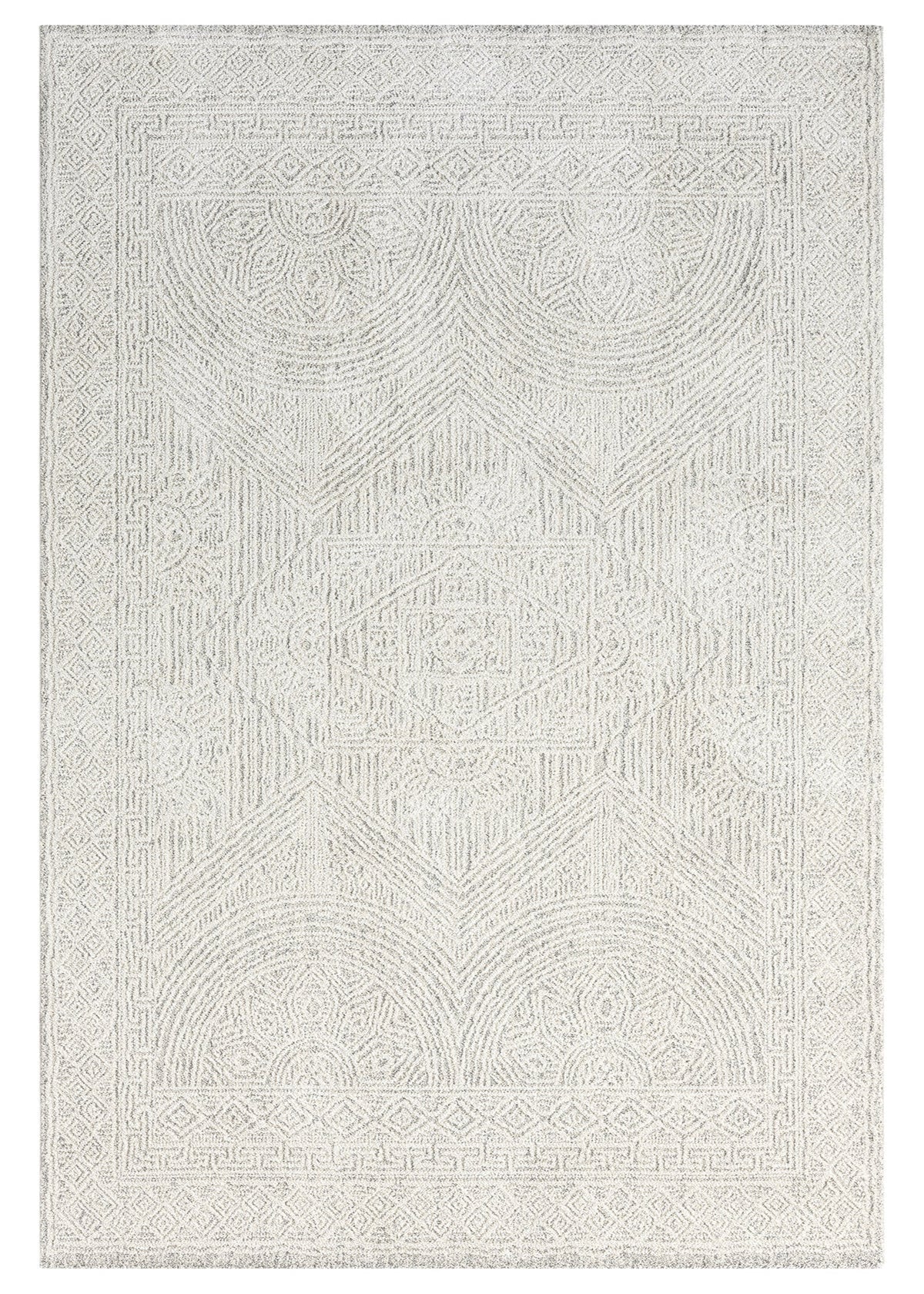 A rectangular, flatweave area rug with a geometric pattern in a stone color.