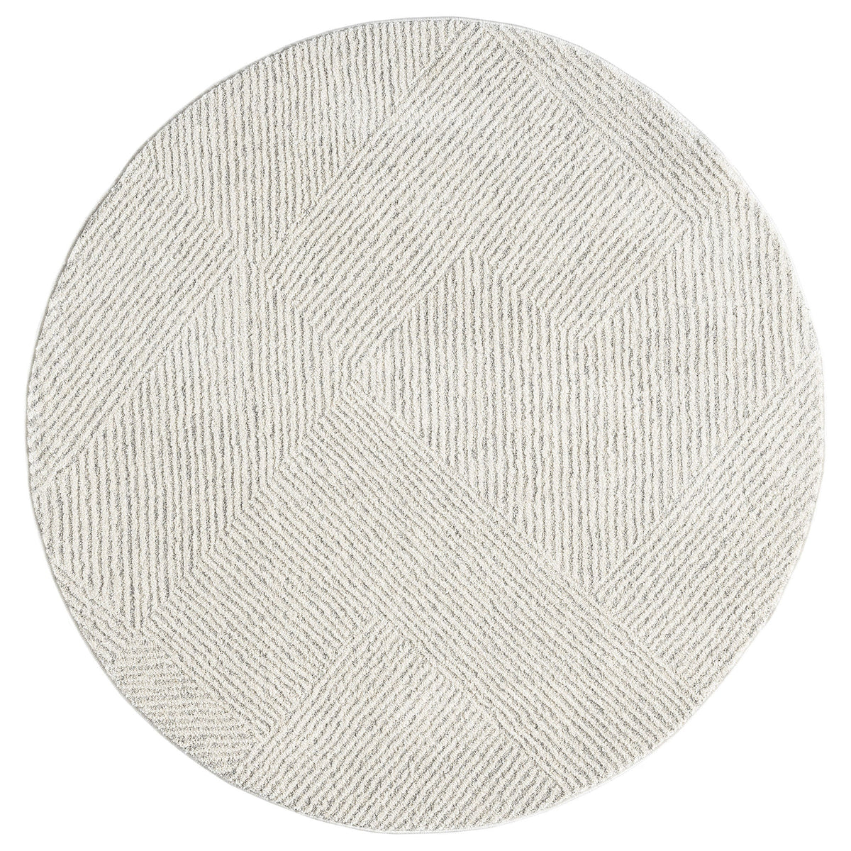A round area rug with a geometric pattern in a natural sand color.