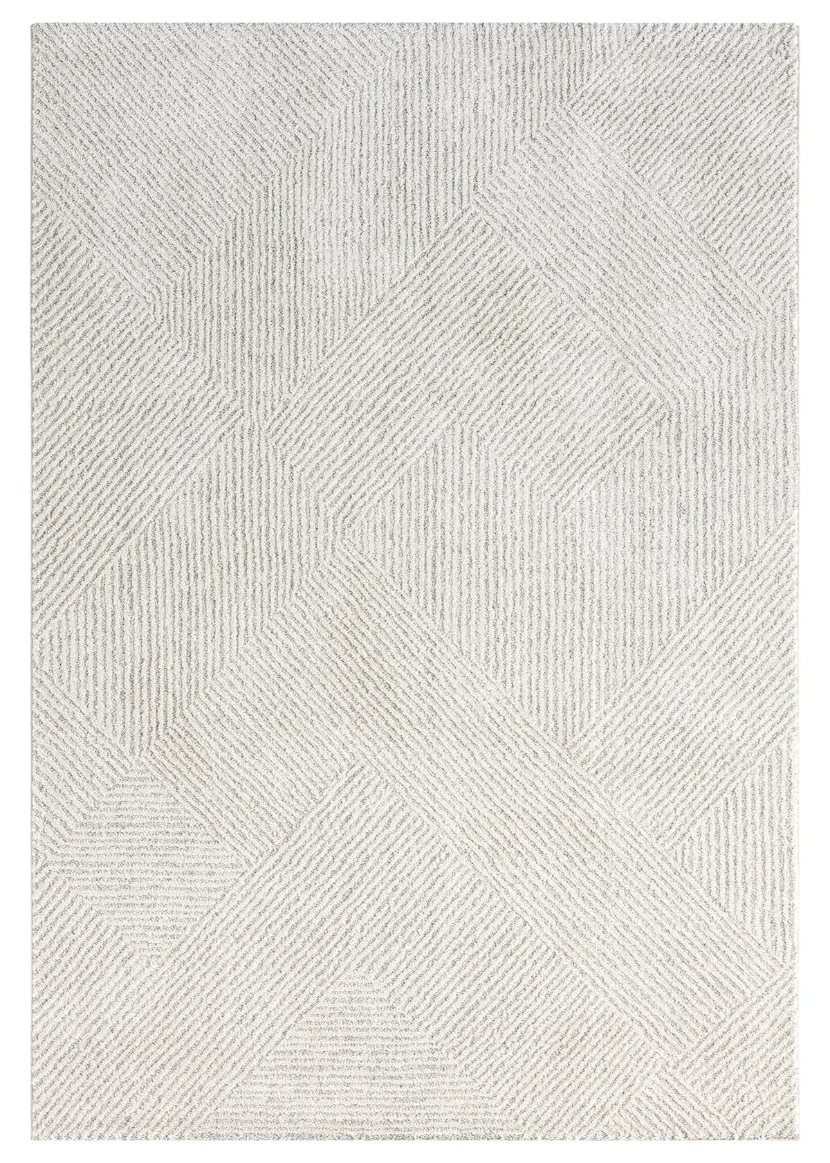 A rectangular, flatweave area rug in a natural beige color with a geometric pattern consisting of simple lines.