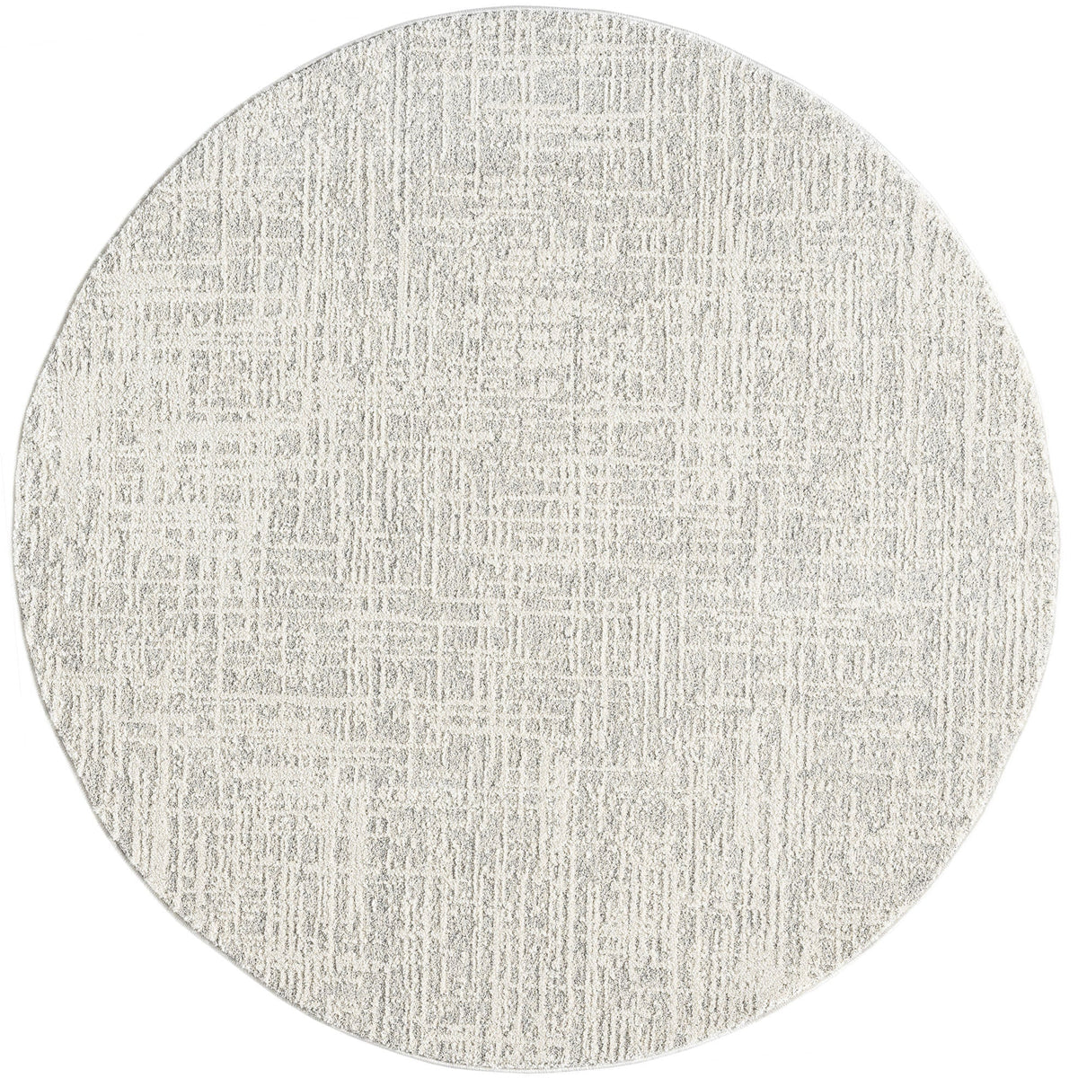 A round area rug with a natural beige color, showcasing a textured design that resembles linen.