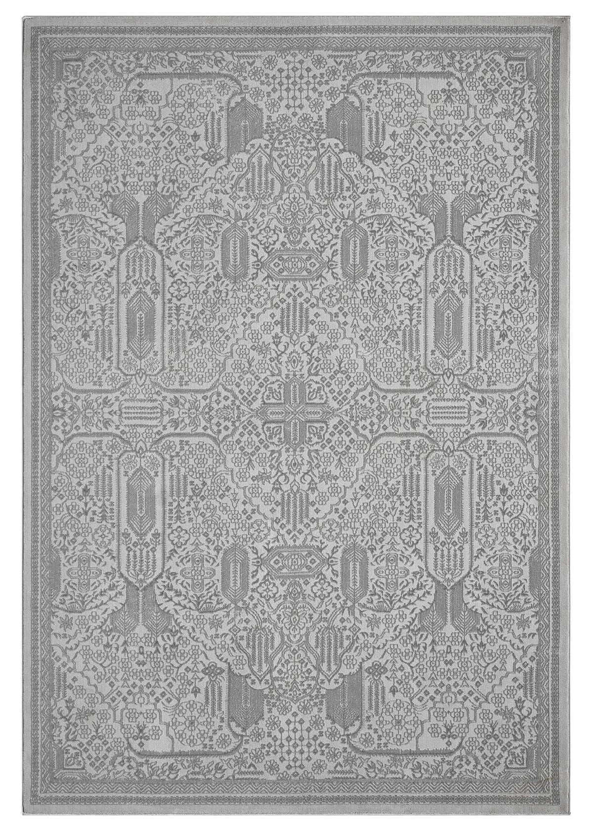 Decorative area rug with geometric pattern on a white background