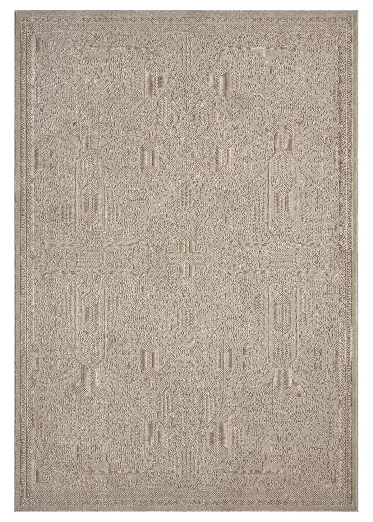 Beige area rug with geometric pattern on a white background