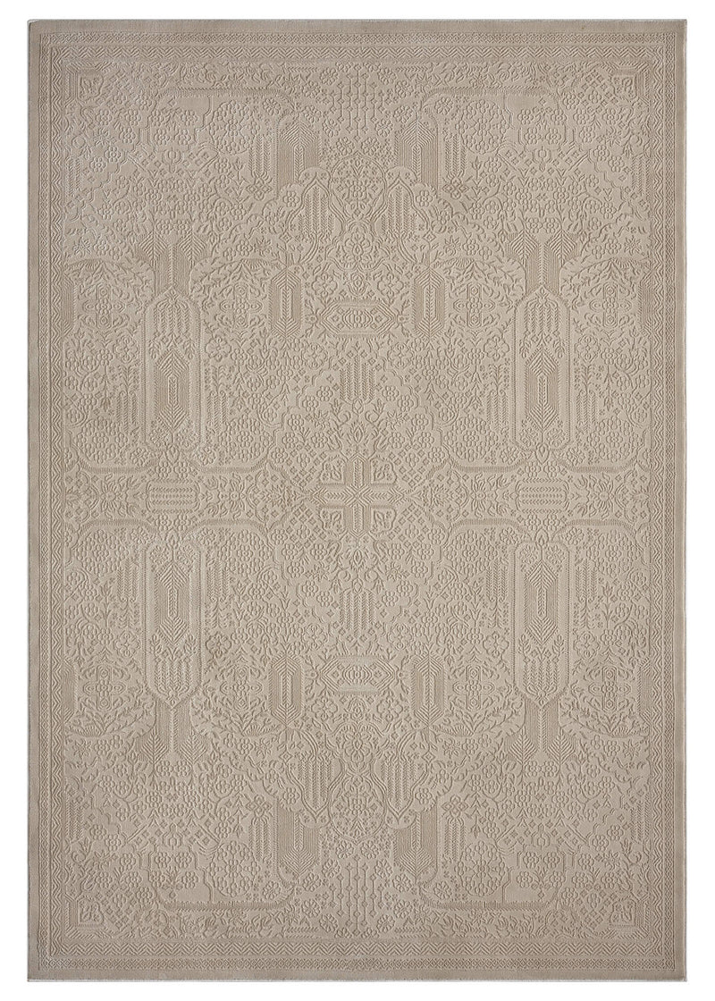 Beige area rug with geometric pattern on a white background