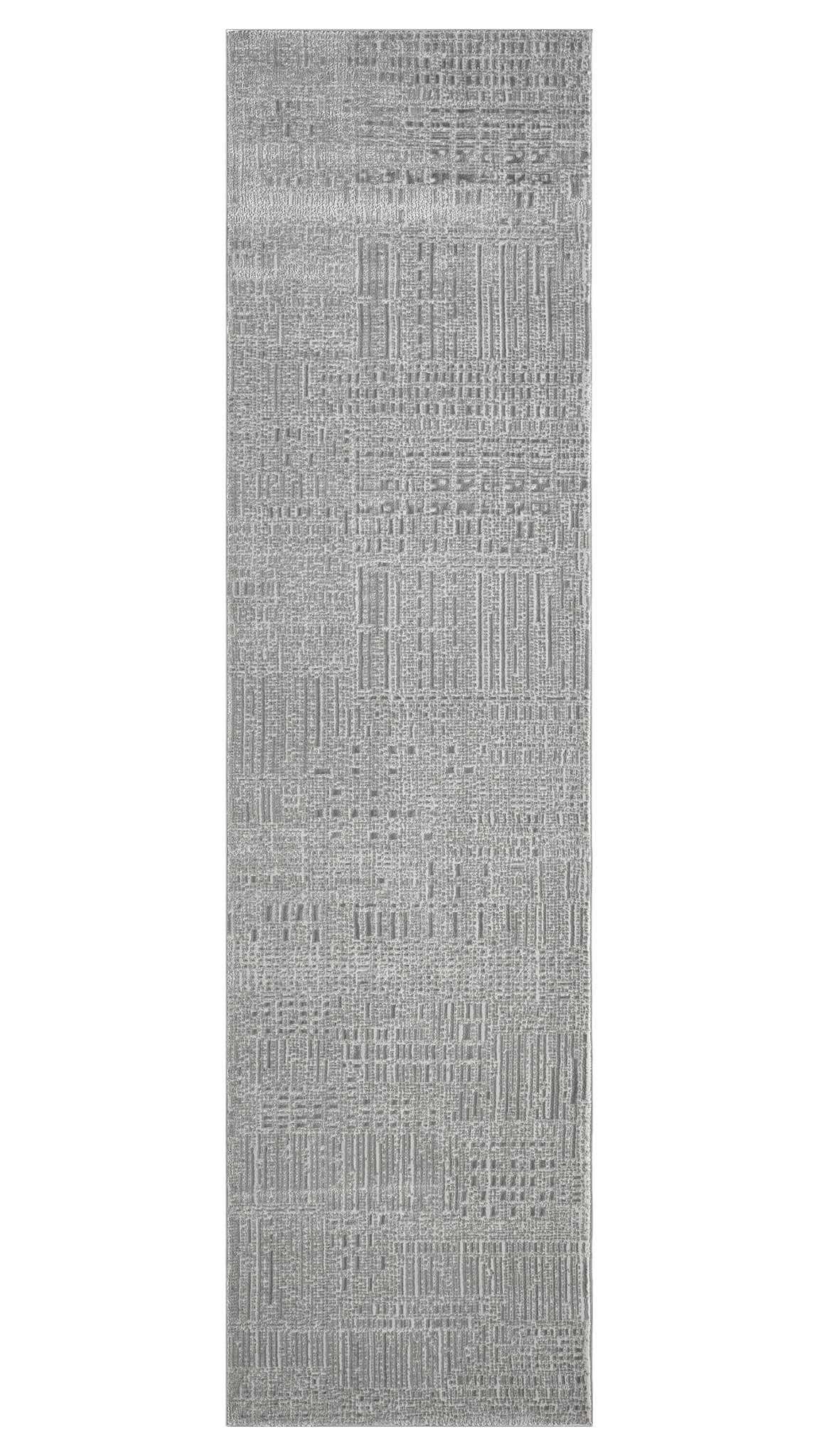 Rectangular gray rug with a subtle pattern on a white background