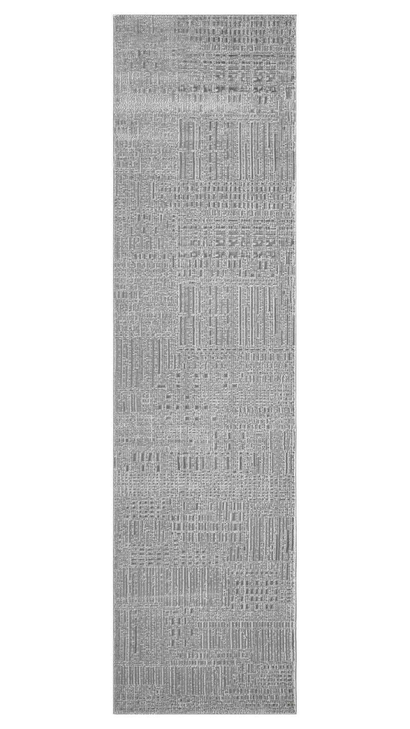 Rectangular gray rug with a subtle pattern on a white background