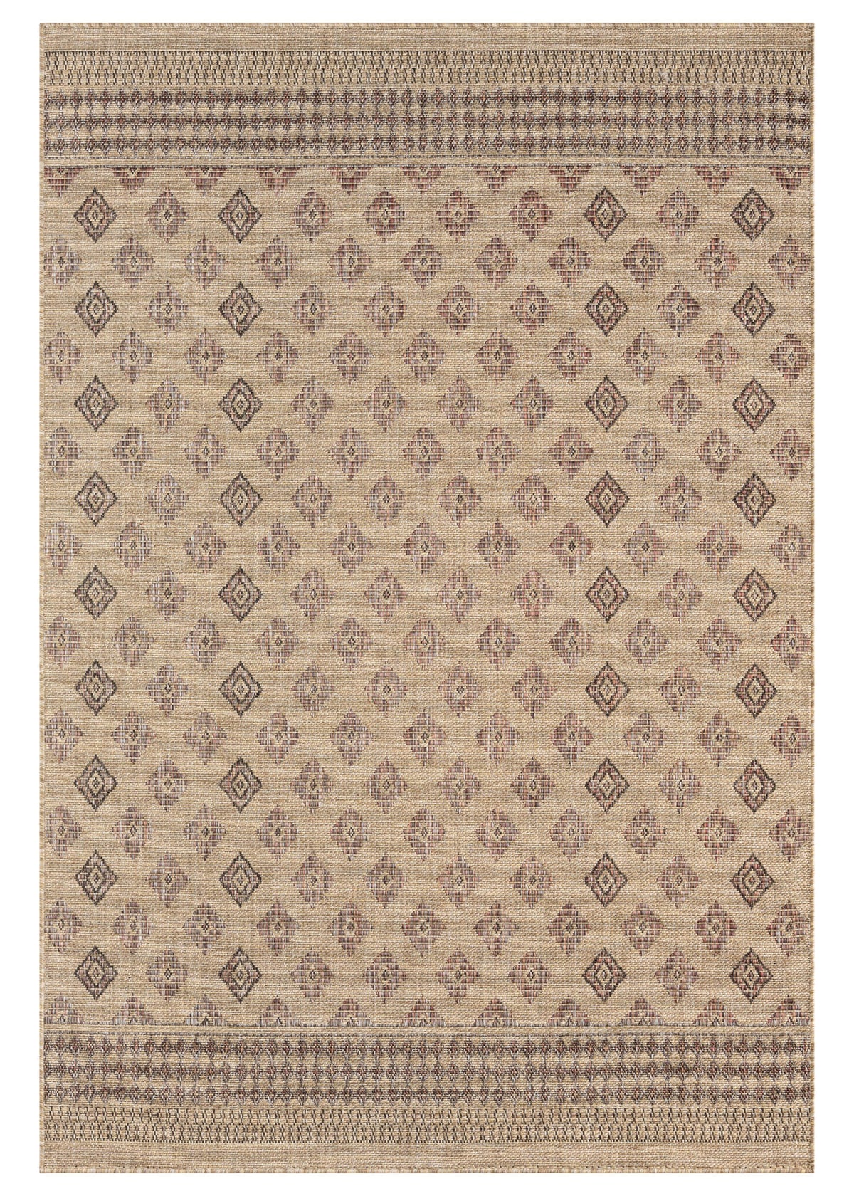 Beige area rug with a subtle pattern on a white background