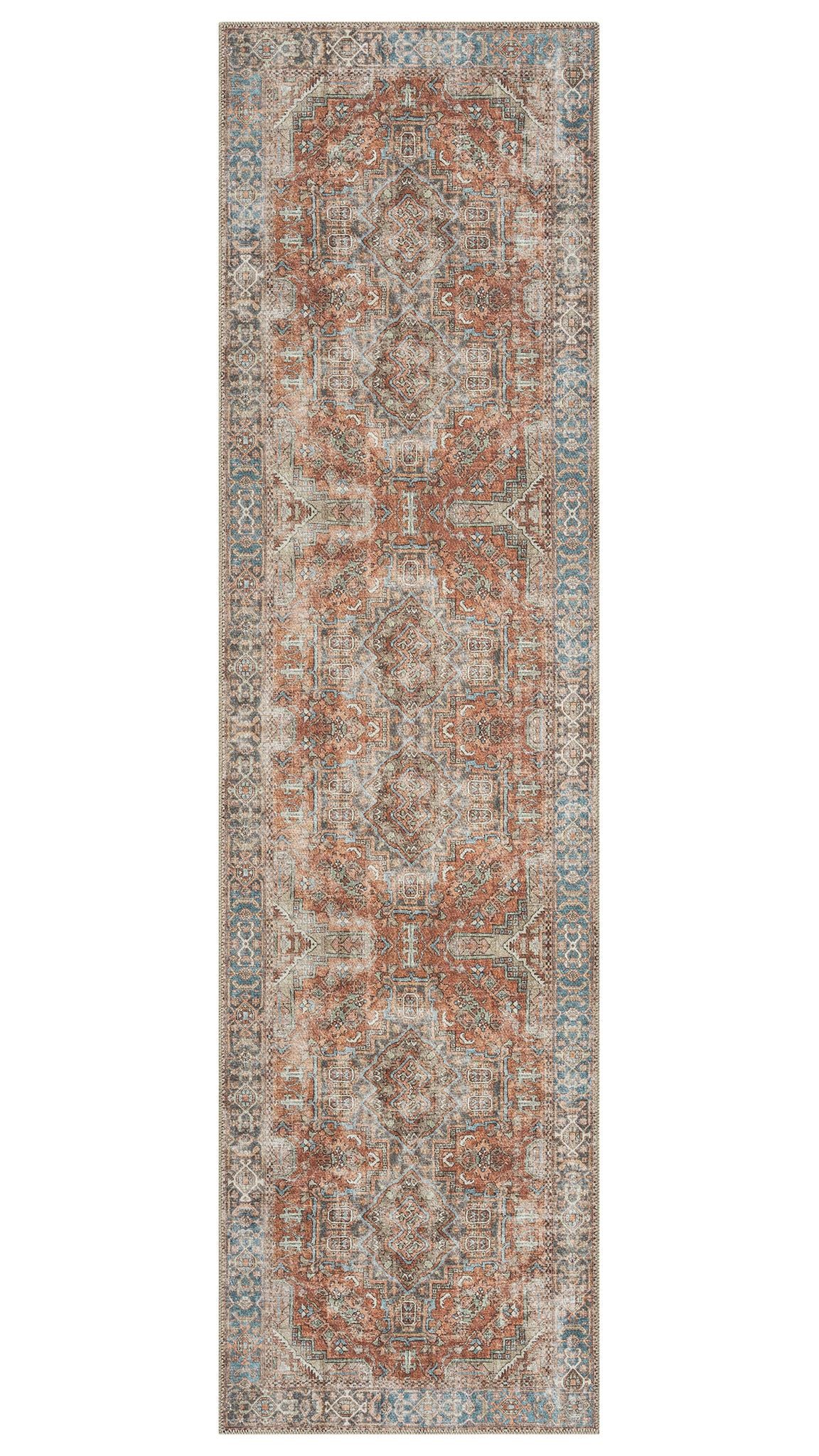 Long rectangular rug with intricate pattern on a white background