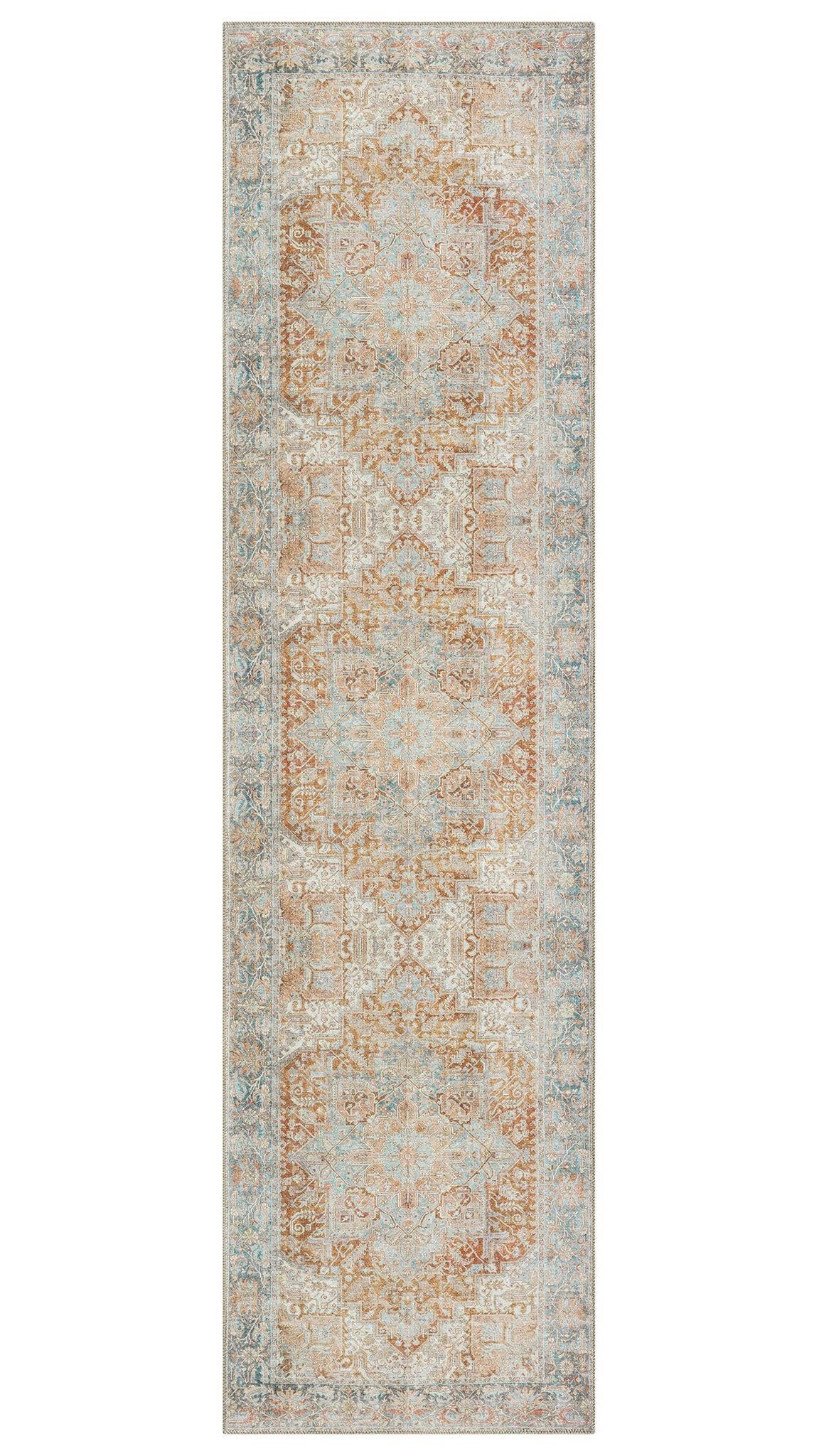 Long rectangular rug with a pattern on a white background