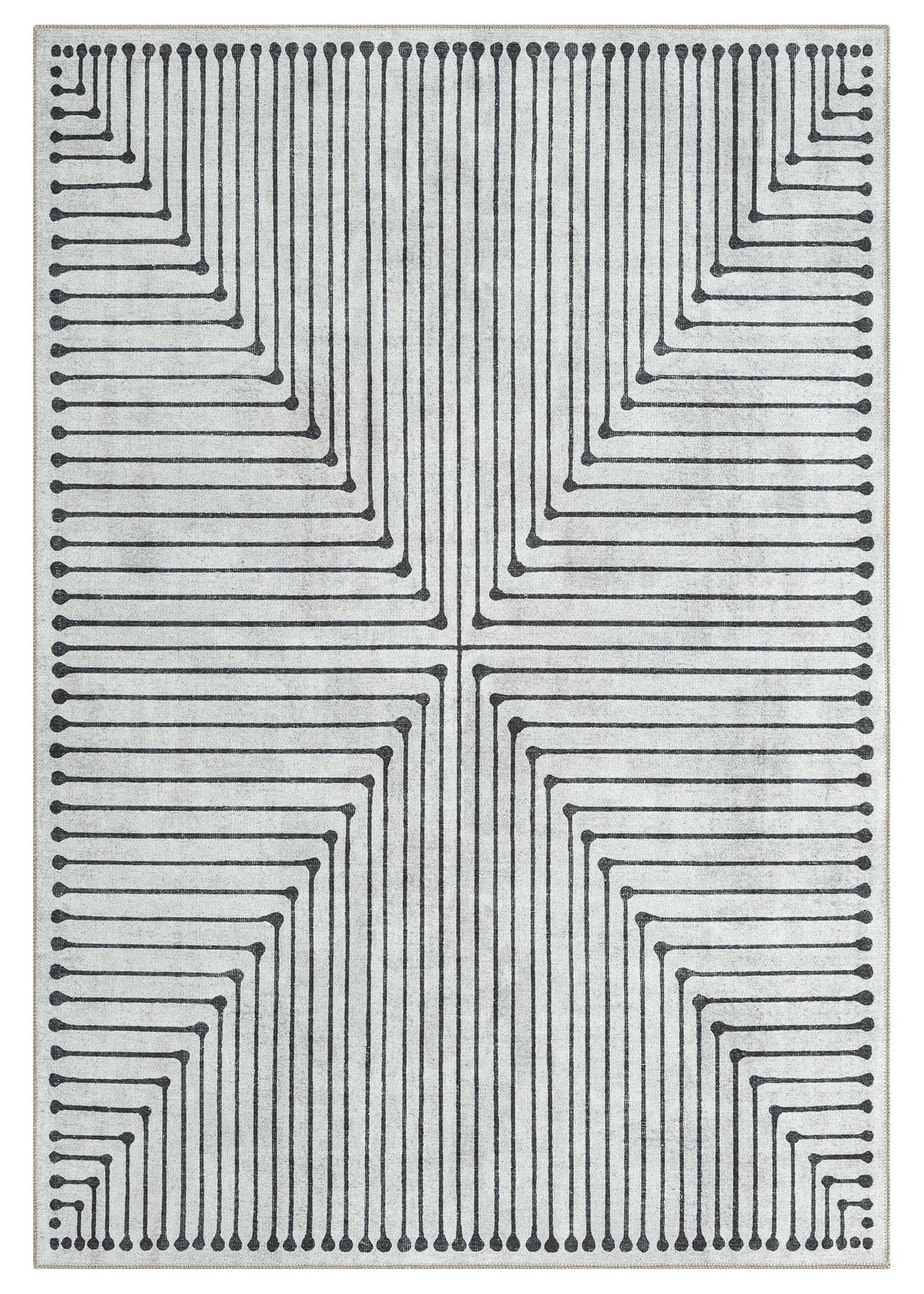 Geometric patterned rug with black lines on a white background