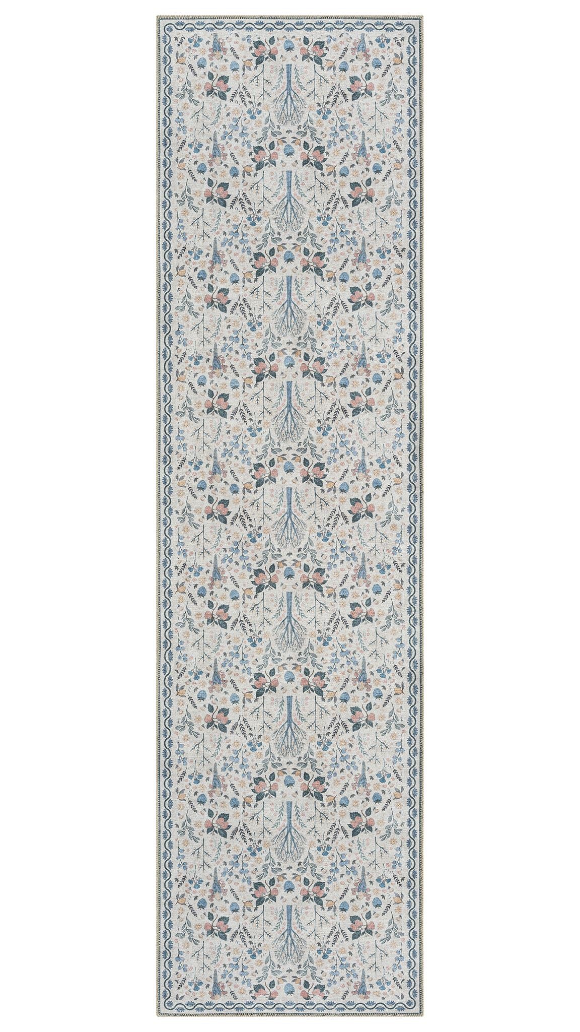 Long rectangular rug with a floral pattern on a white background